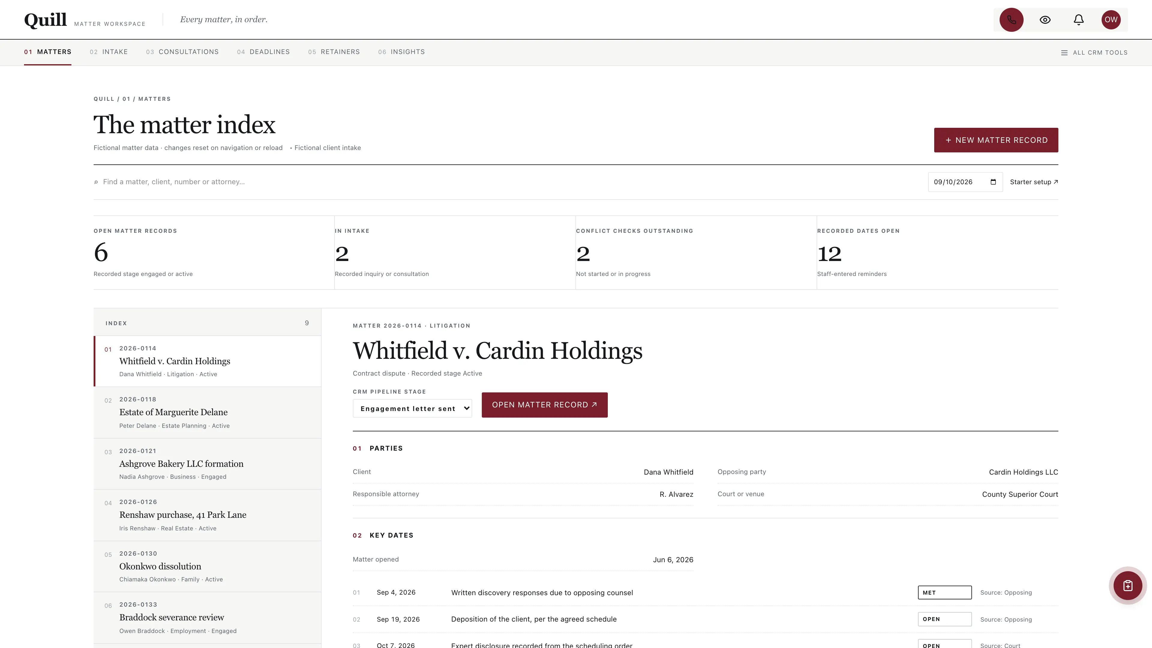 Quill law firm matter workspace with a numbered matter index and a document-style reading pane using fictional sample data