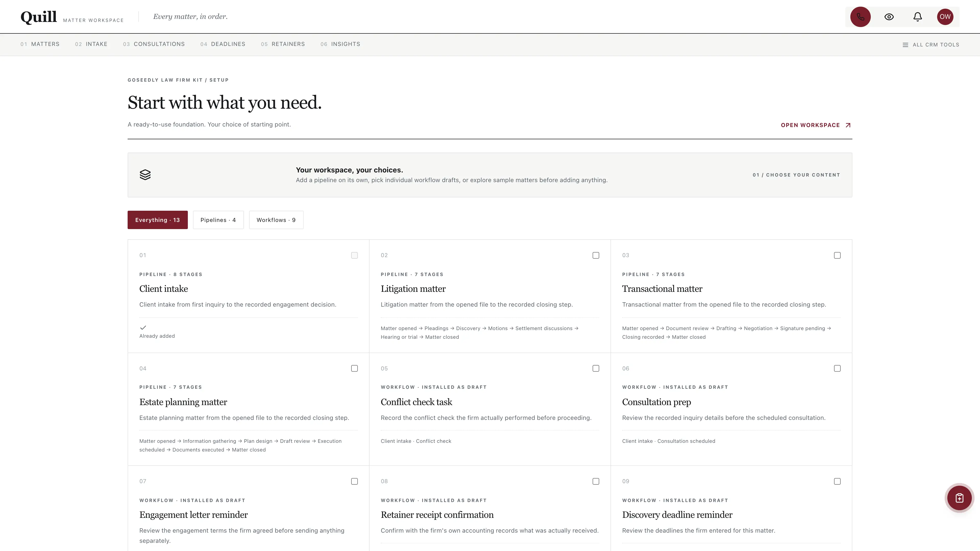 Starter setup in the GoSeedly Law Firm Kit with fictional sample records