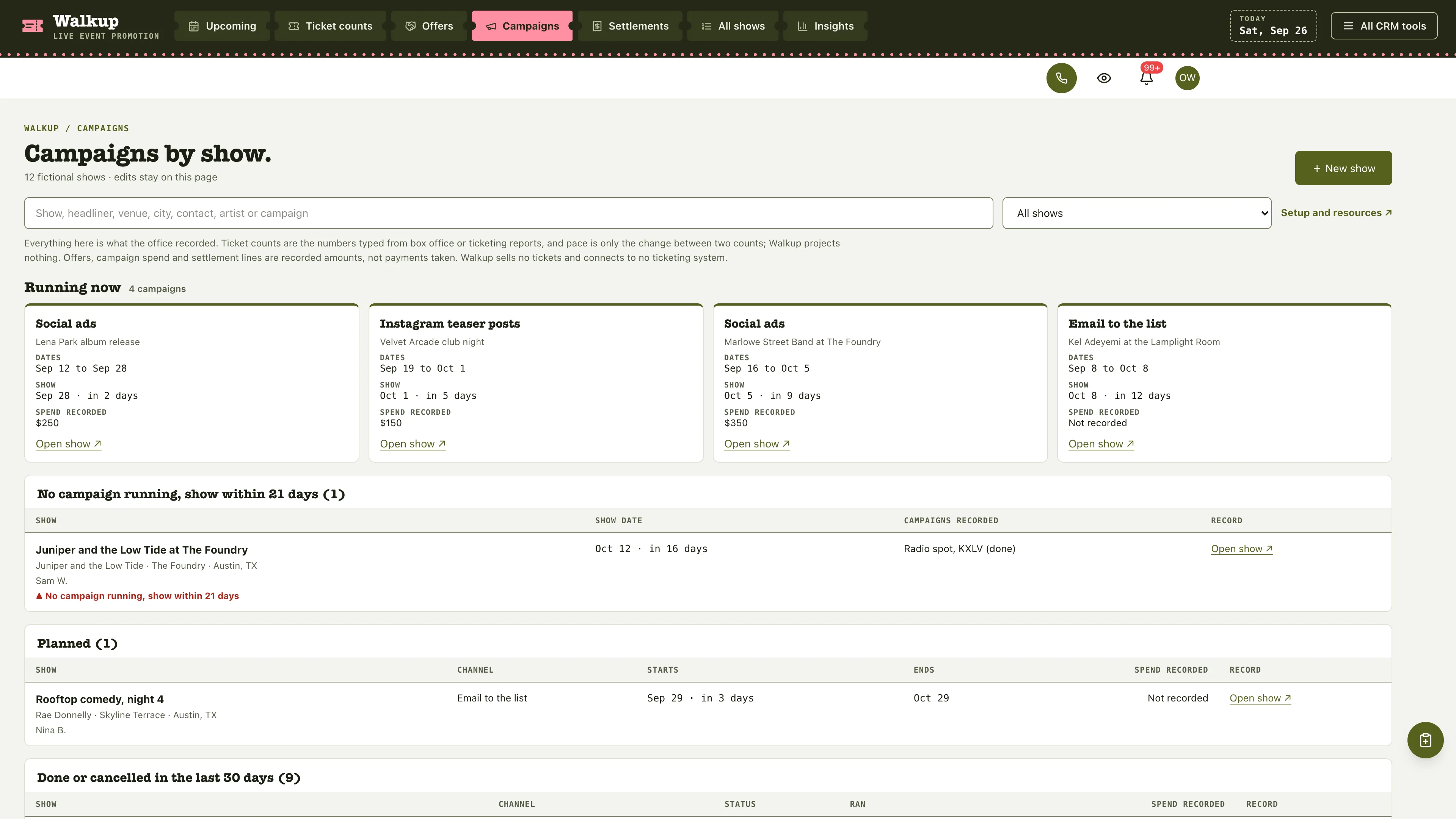 Campaigns in the GoSeedly Live Event Promoter Kit with fictional sample records