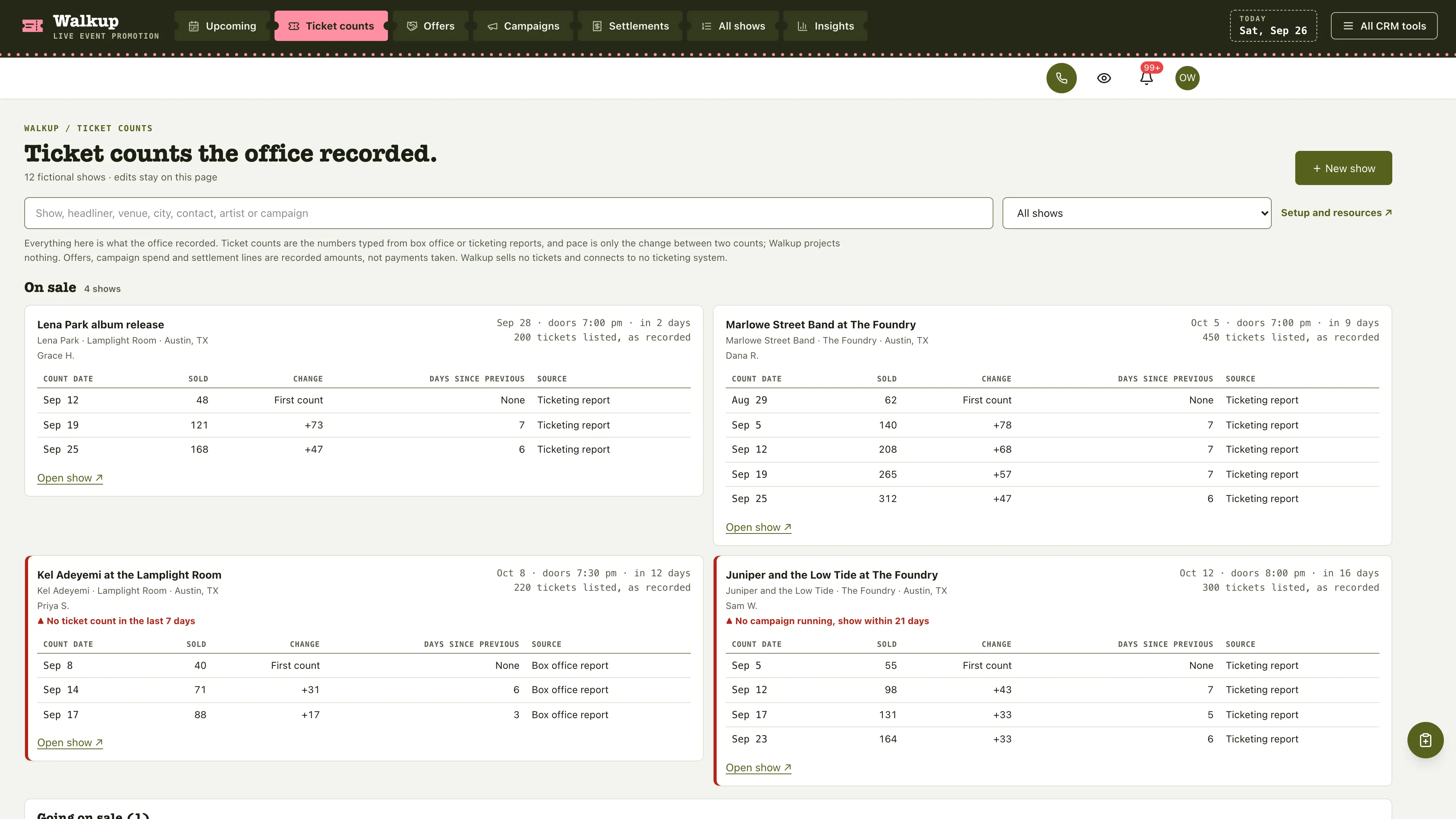 Ticket counts in the GoSeedly Live Event Promoter Kit with fictional sample records