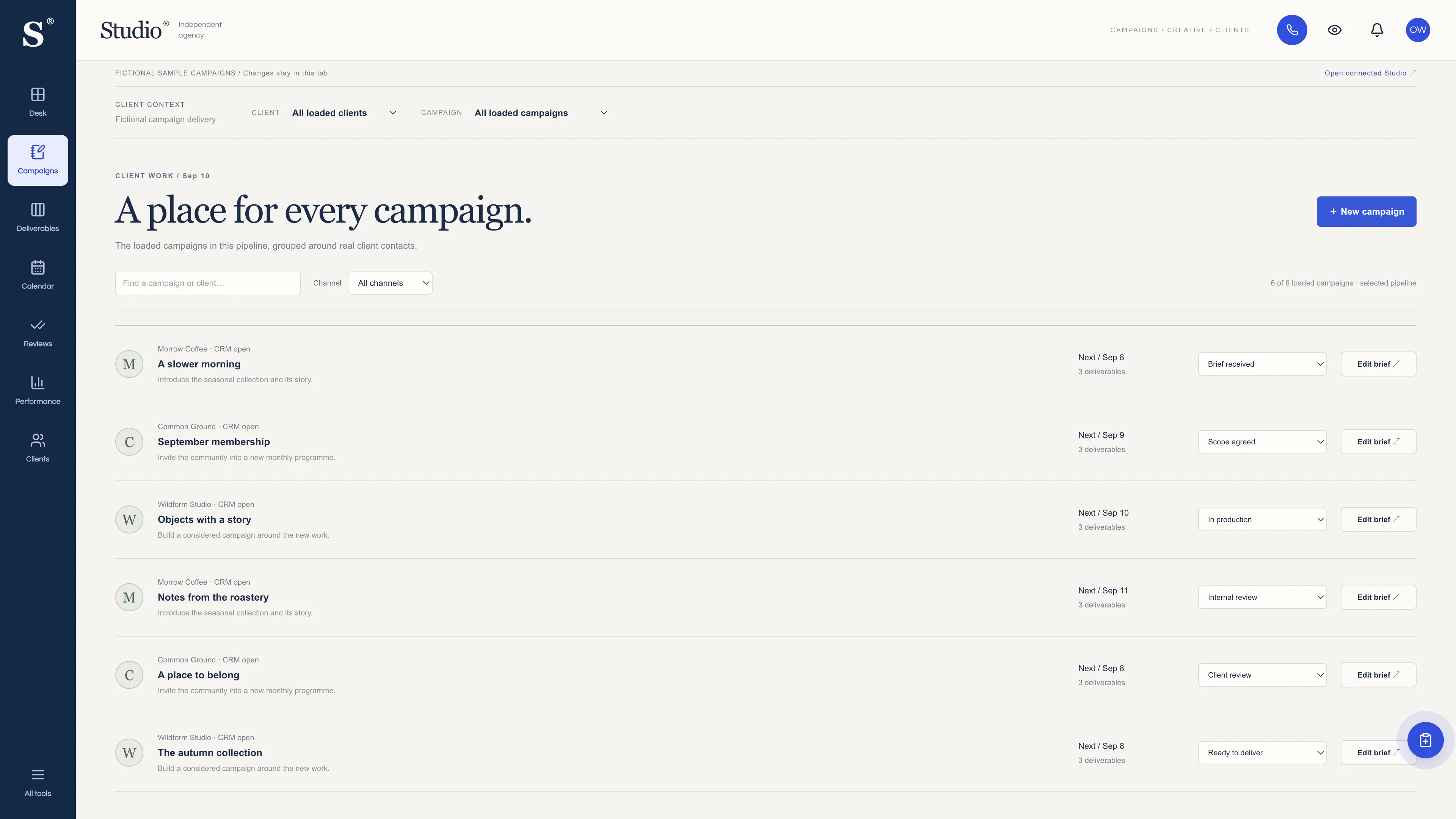 Campaign briefs in the GoSeedly Marketing Agency Kit with fictional sample records