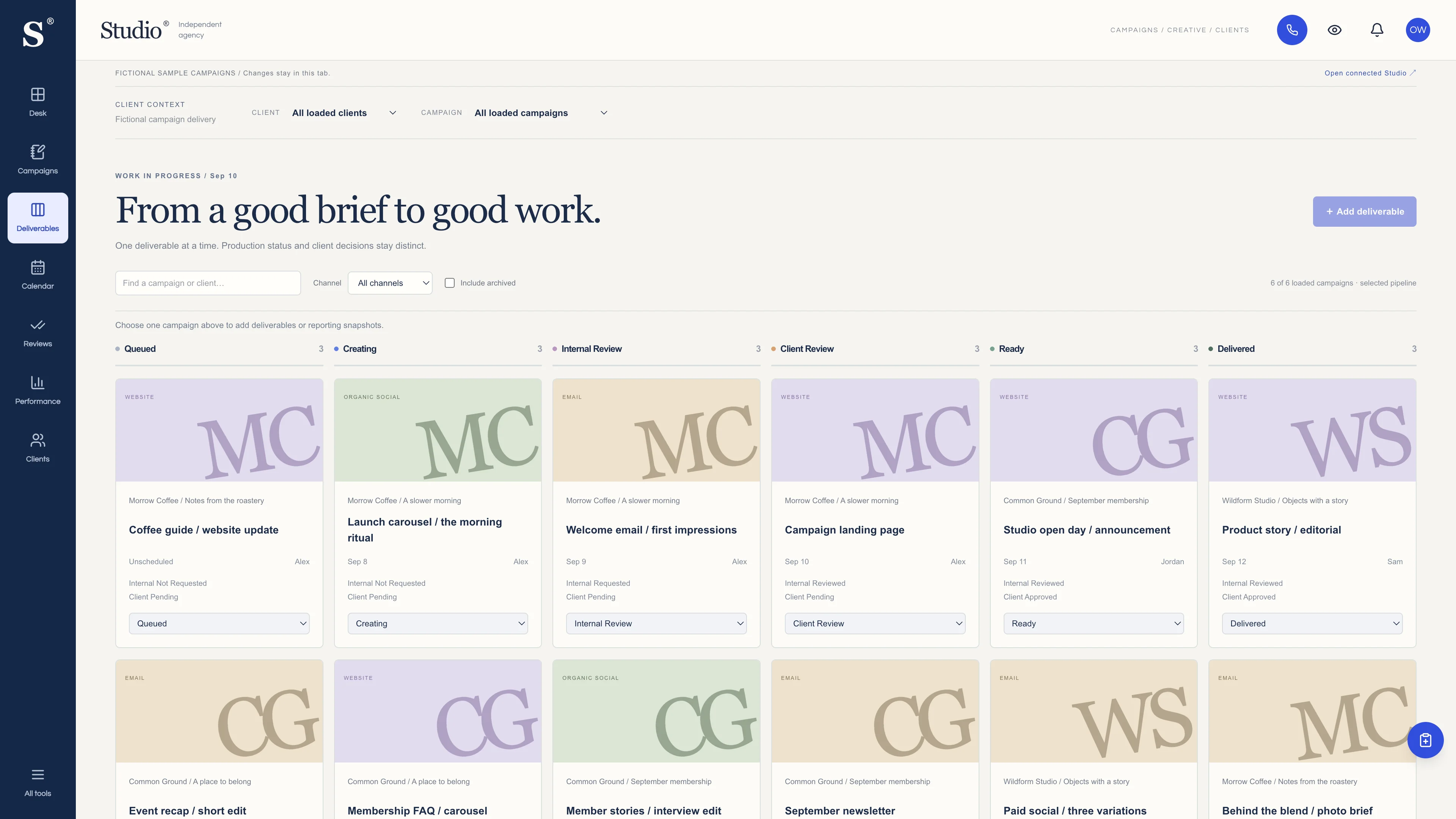 Production board in the GoSeedly Marketing Agency Kit with fictional sample records