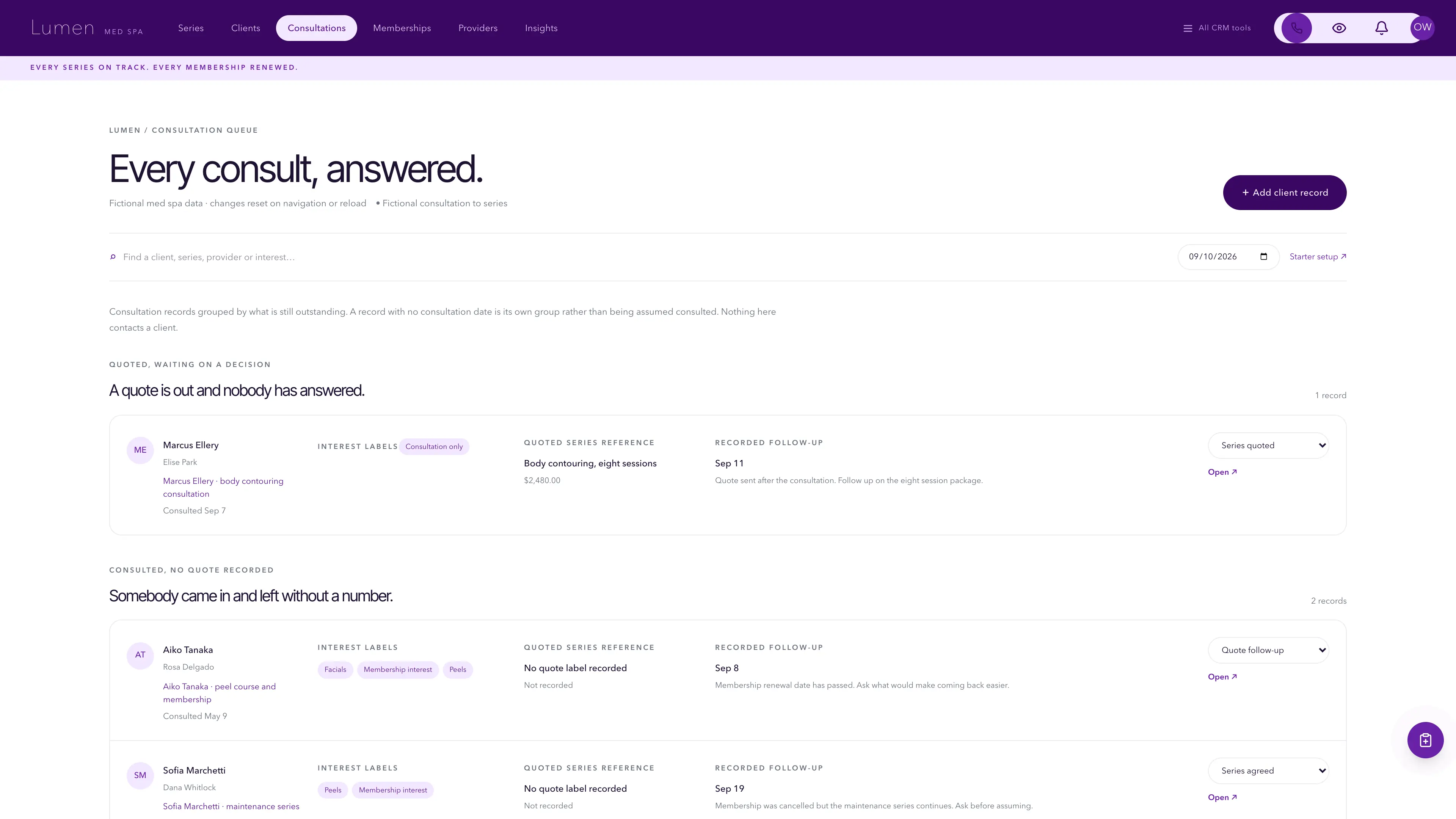 Consultation queue in the GoSeedly Med Spa Kit with fictional sample records
