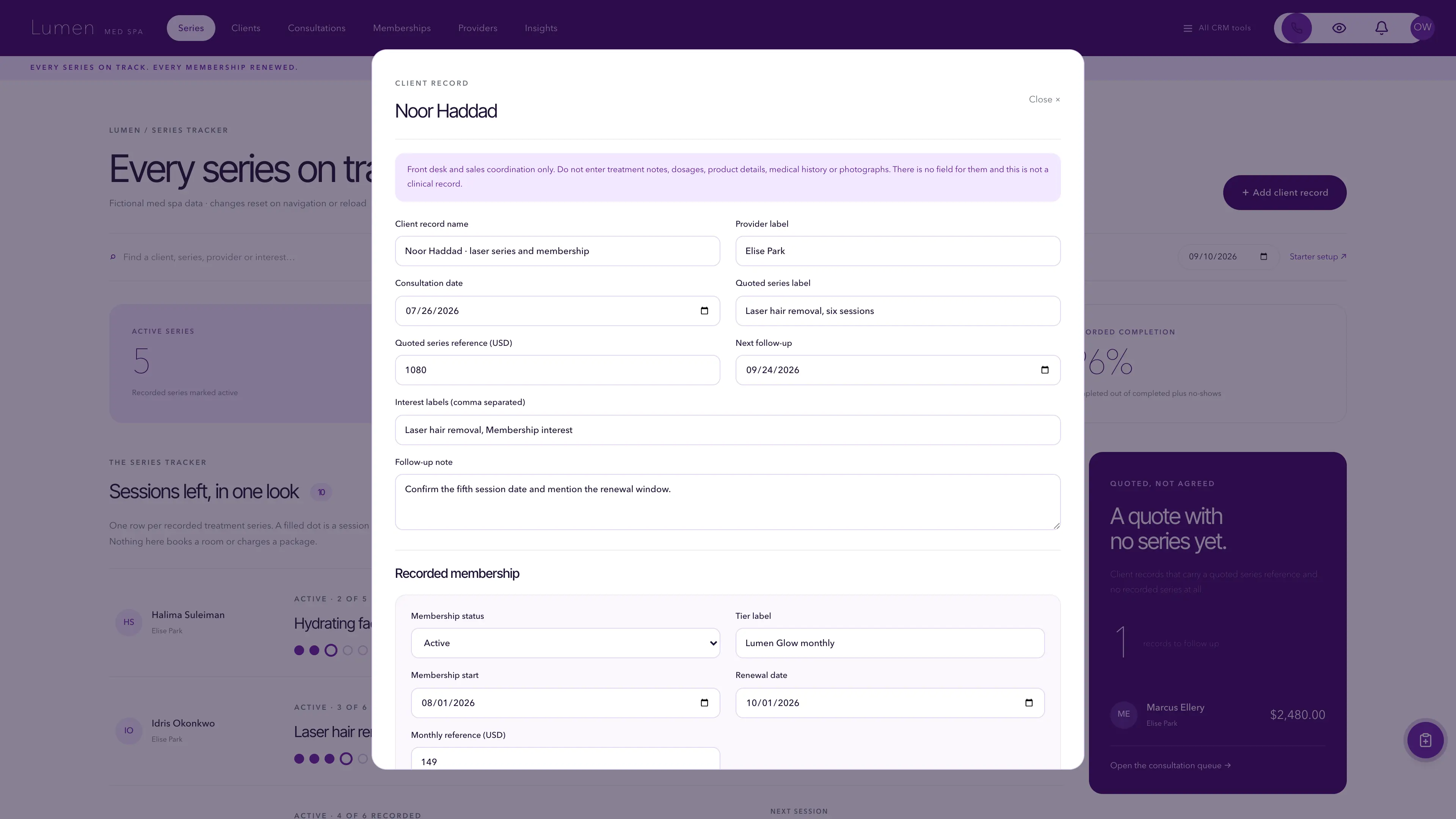 Client record editor in the GoSeedly Med Spa Kit with fictional sample records