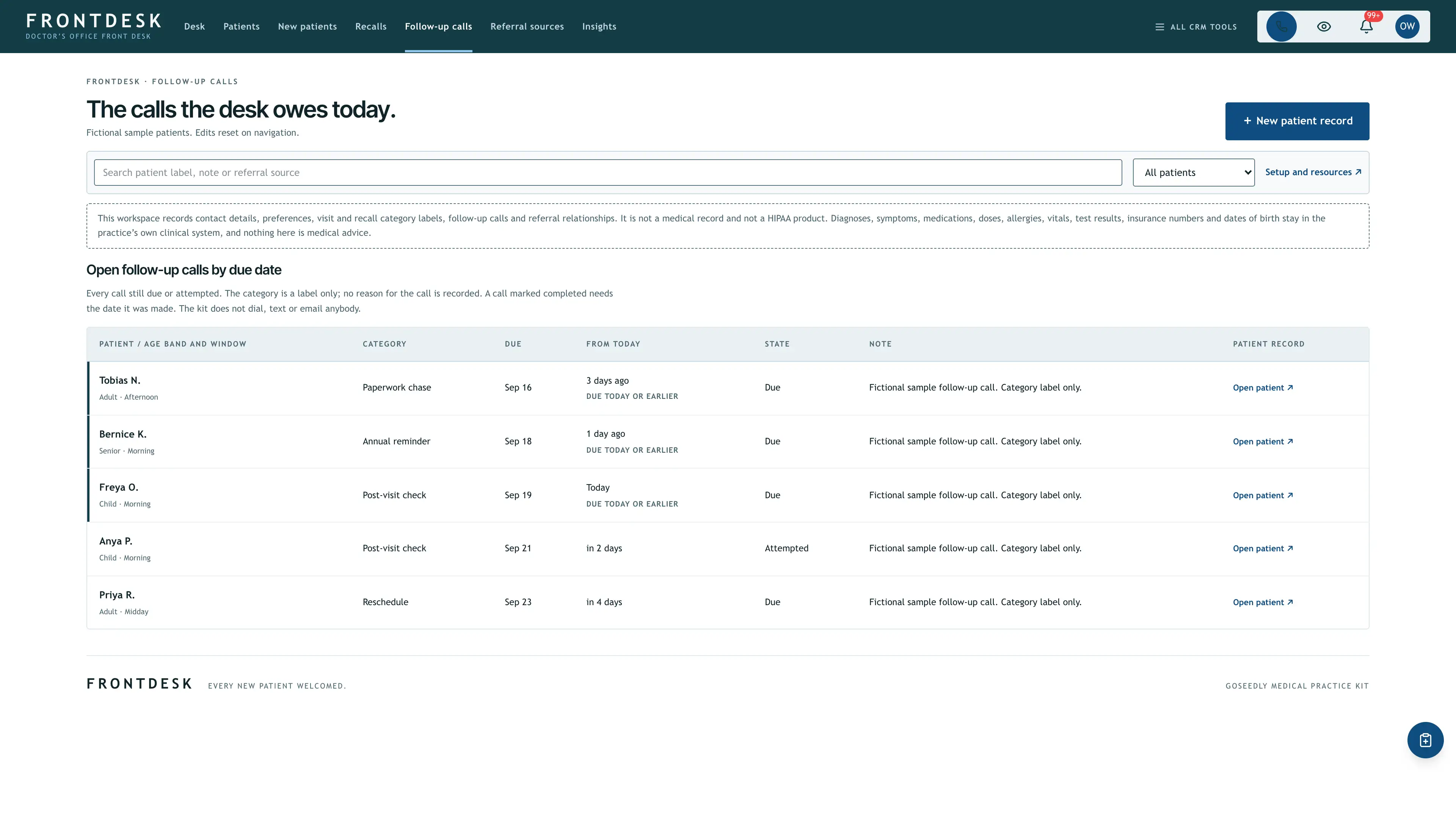 Follow-up calls in the GoSeedly Medical Practice Kit with fictional sample records