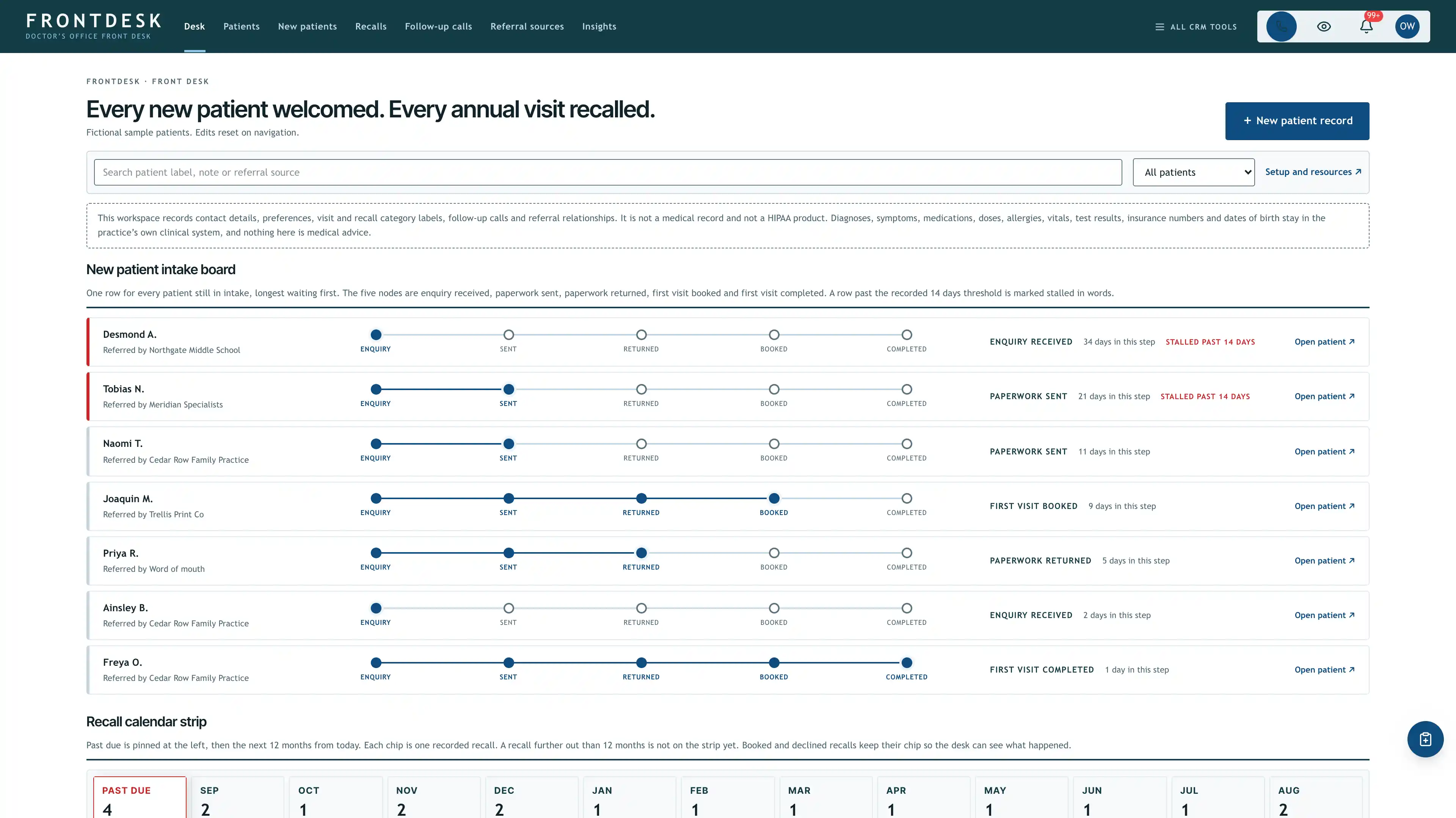 Teal-slate masthead above a new patient intake board of five-node progress tracks, over a twelve-month recall calendar strip with a pinned past due column, using fictional sample data