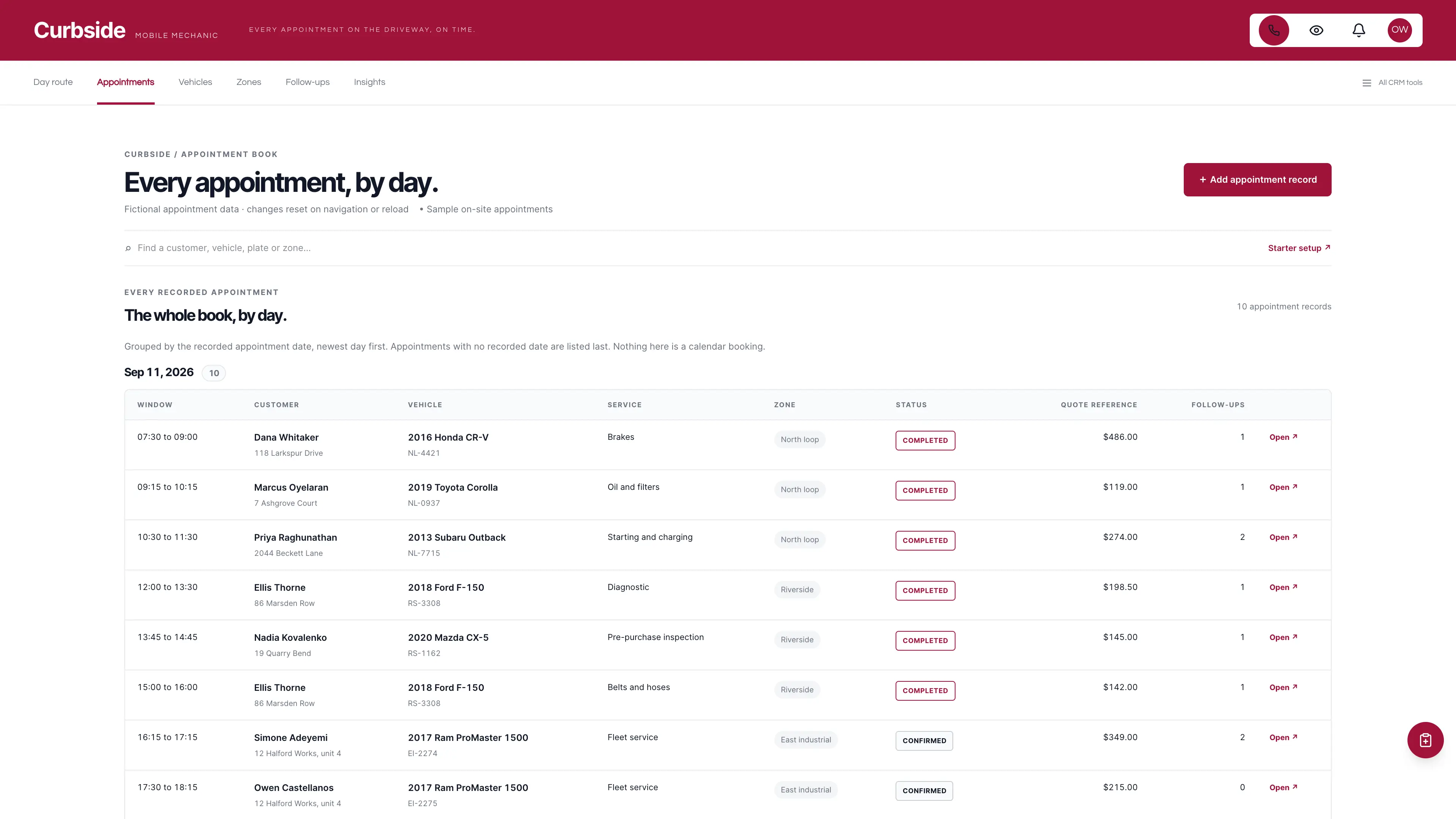 Appointment book in the GoSeedly Mobile Mechanic Kit with fictional sample records
