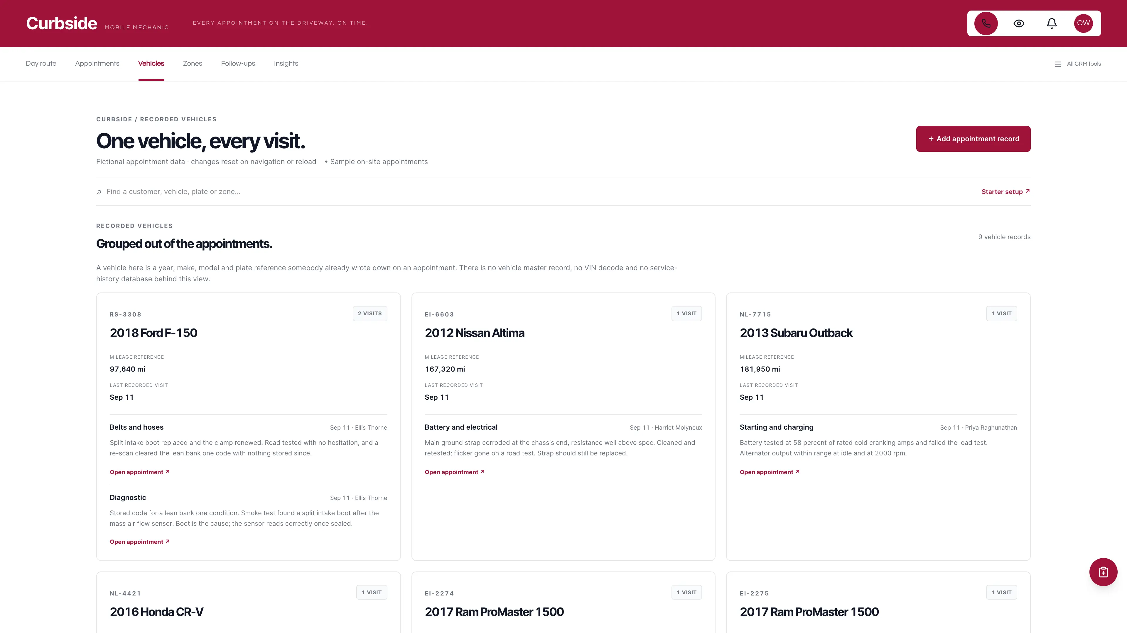 Vehicles in the GoSeedly Mobile Mechanic Kit with fictional sample records