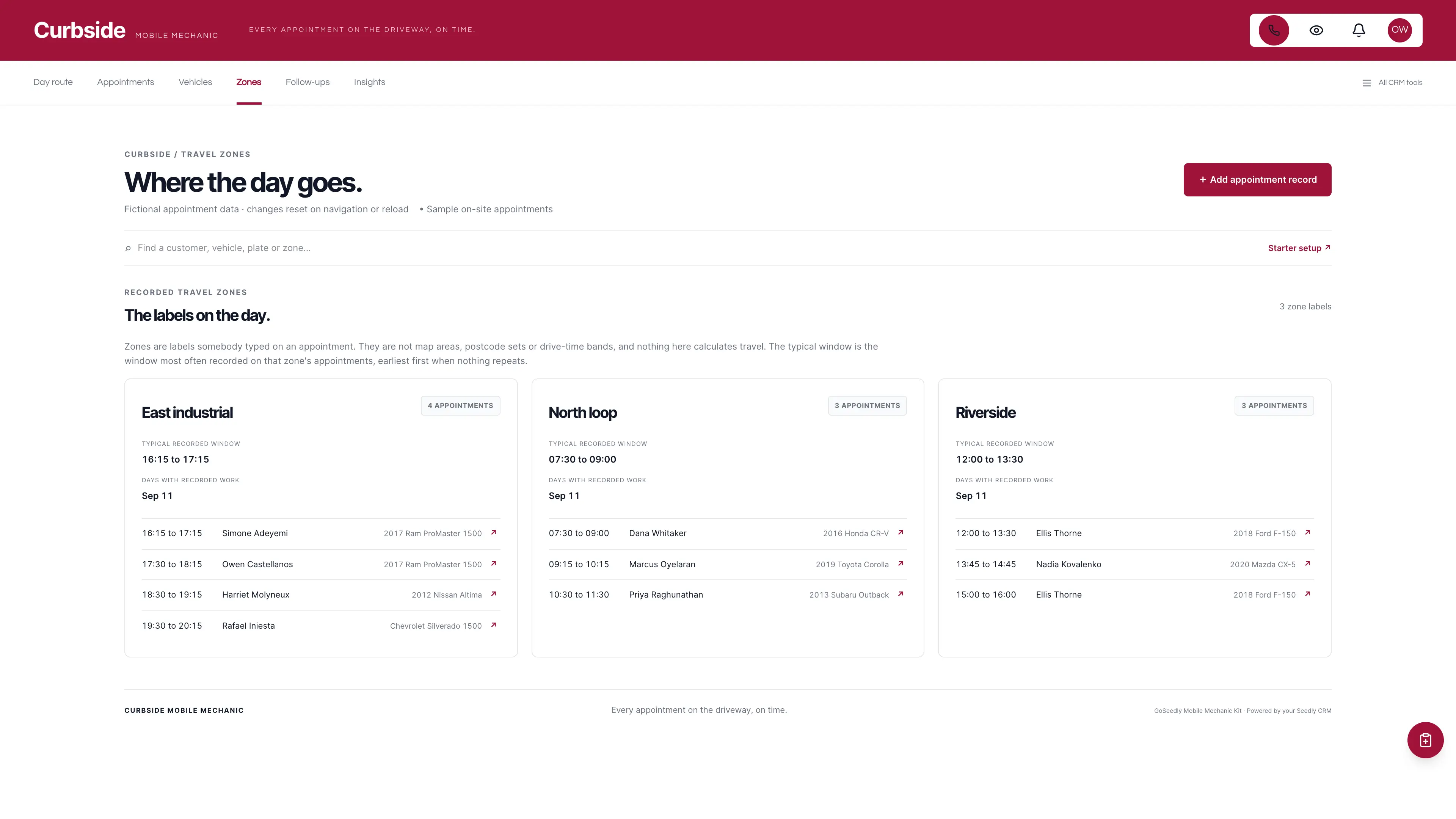 Travel zones in the GoSeedly Mobile Mechanic Kit with fictional sample records