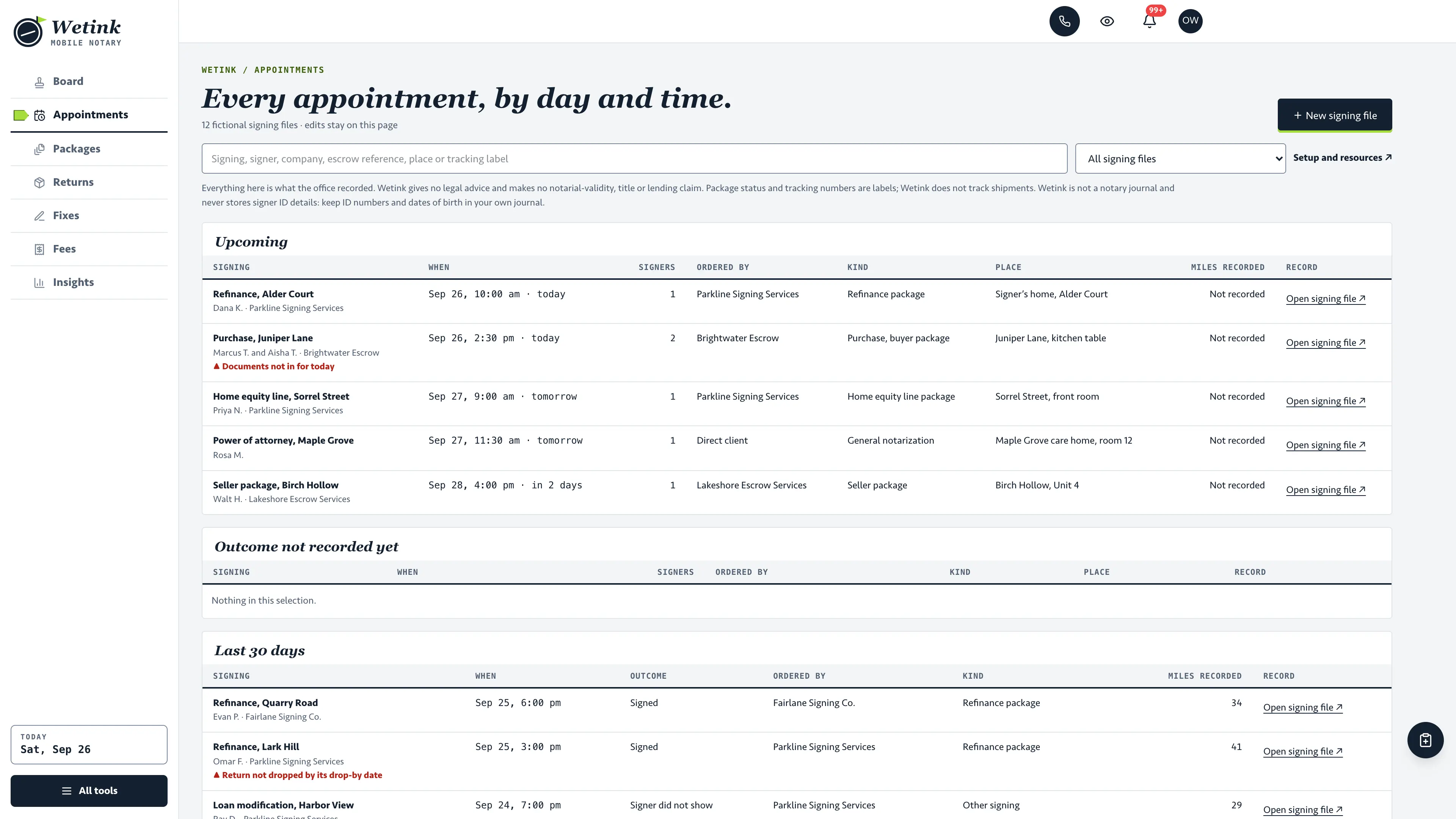 Appointments in the GoSeedly Mobile Notary & Loan Signing Kit with fictional sample records