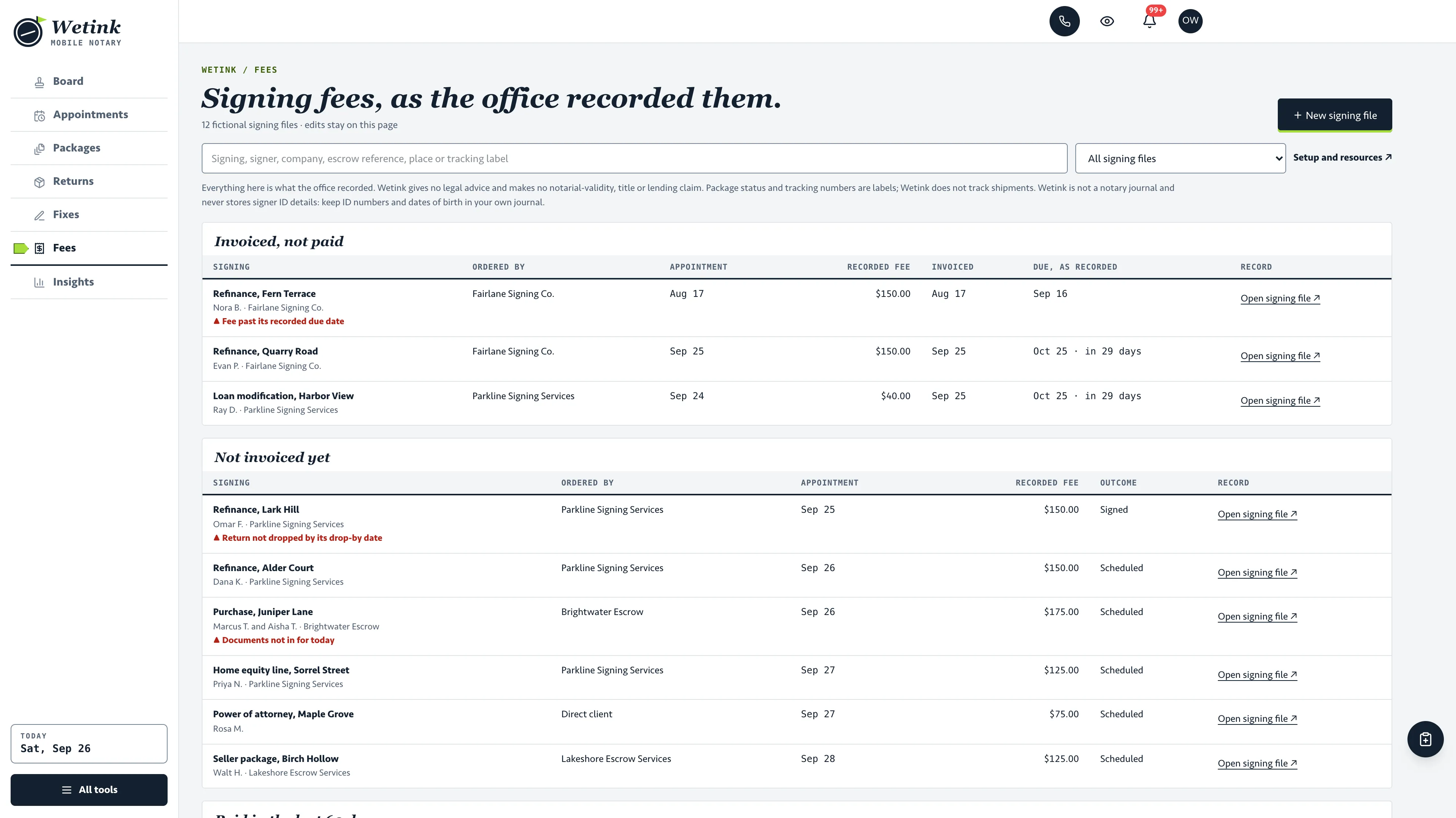 Fees in the GoSeedly Mobile Notary & Loan Signing Kit with fictional sample records