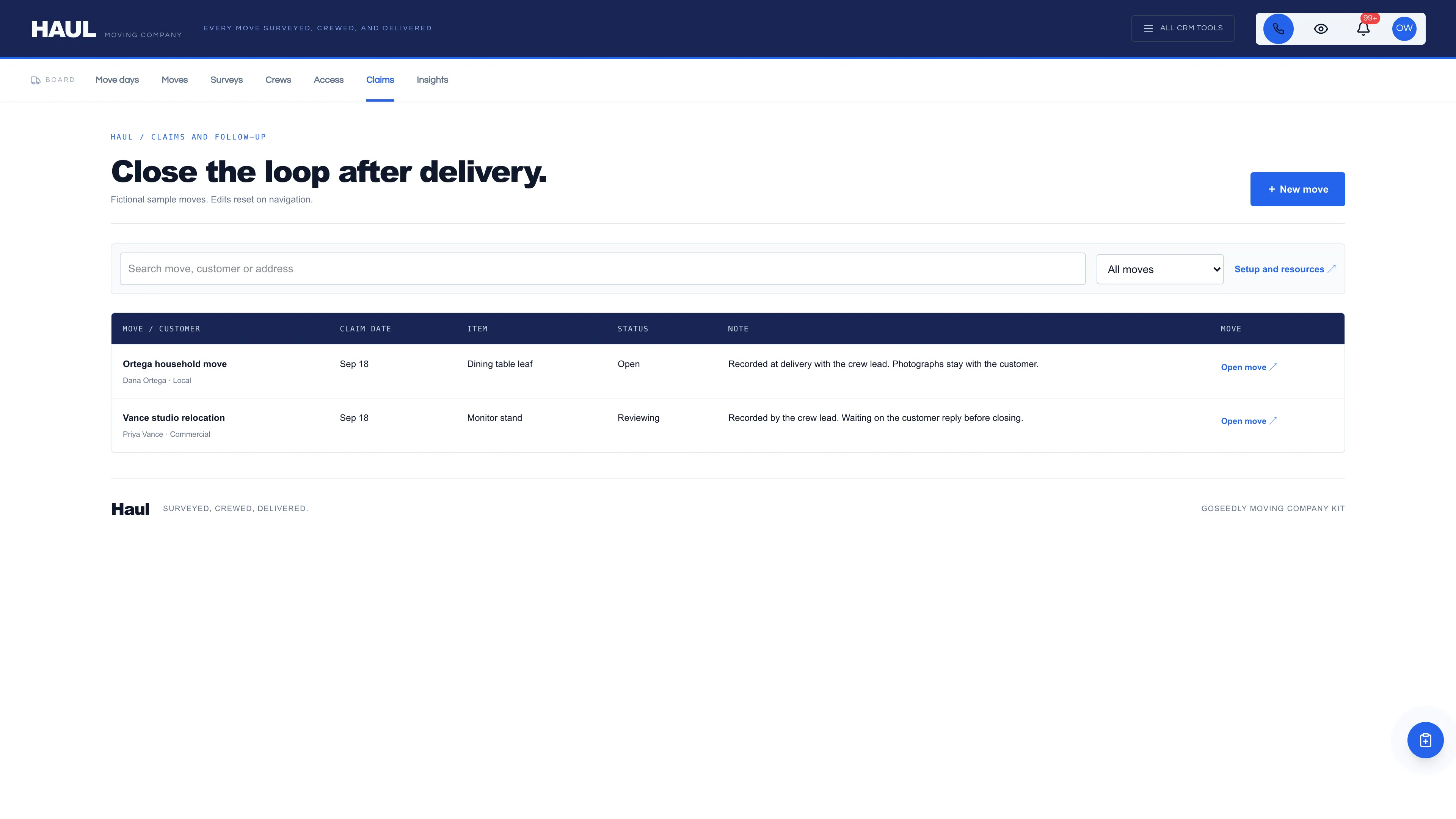 Claims and follow-up in the GoSeedly Moving Company Kit with fictional sample records