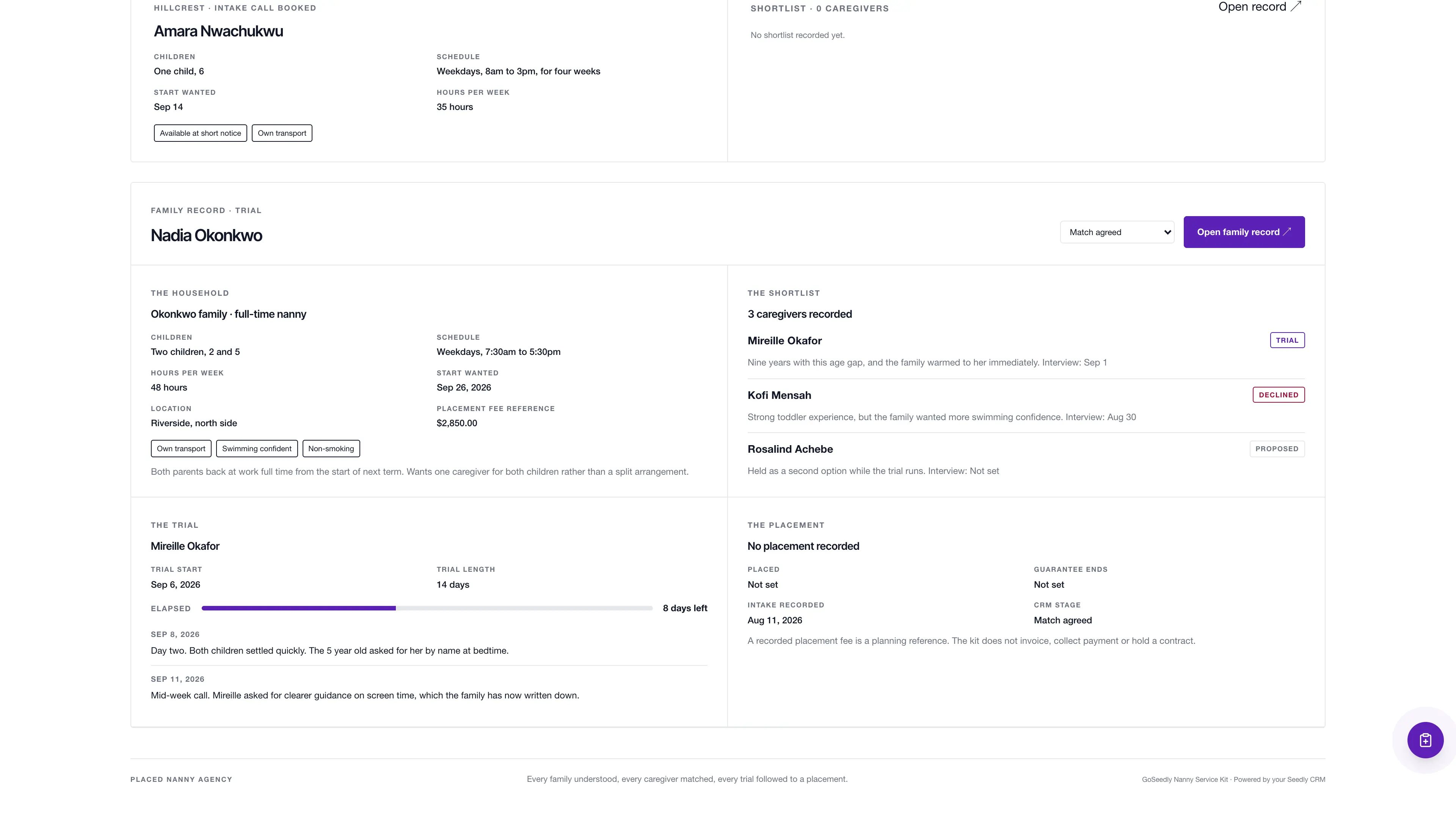 Family sheet in the GoSeedly Nanny Service Kit with fictional sample records