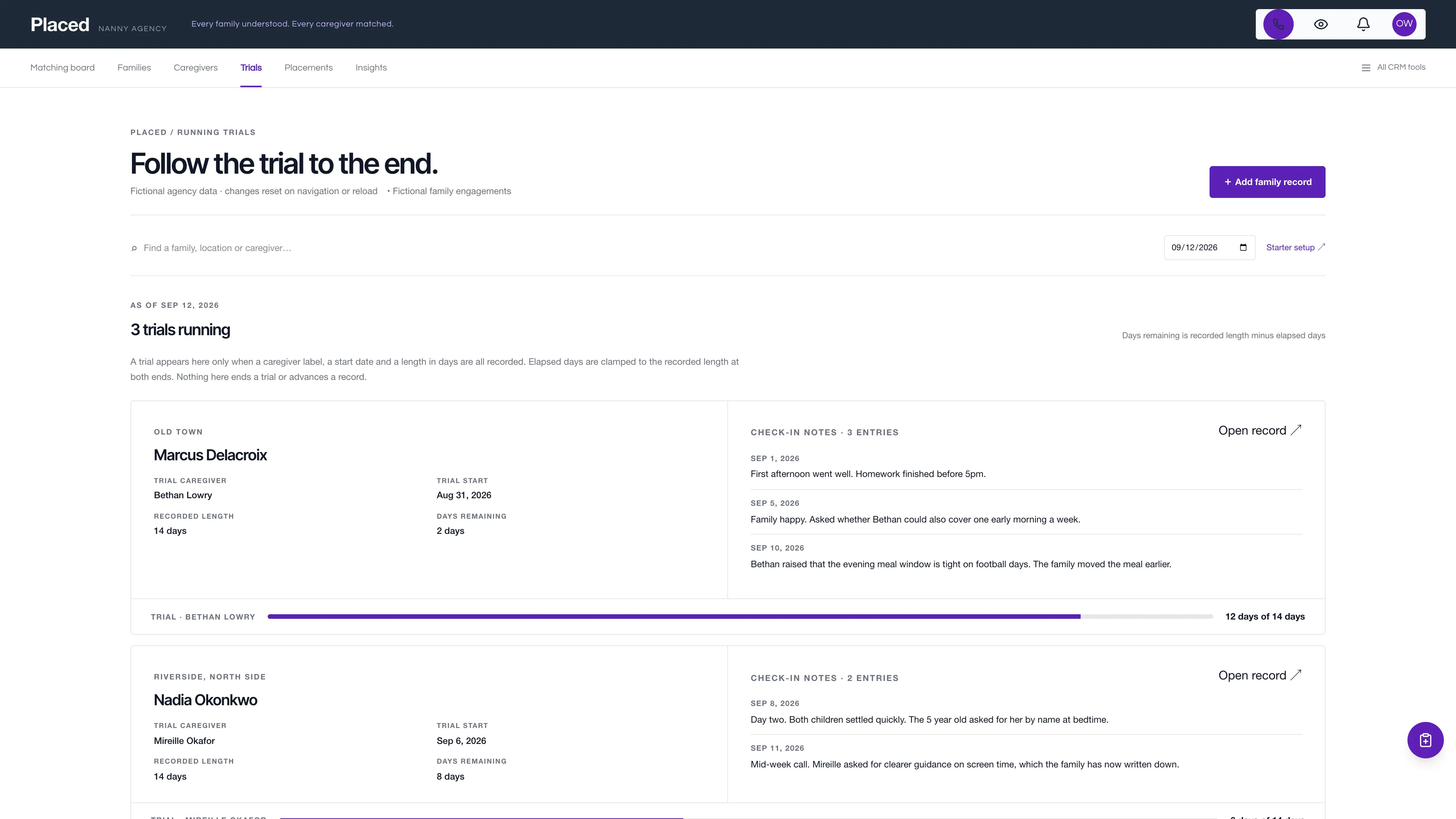 Running trials in the GoSeedly Nanny Service Kit with fictional sample records