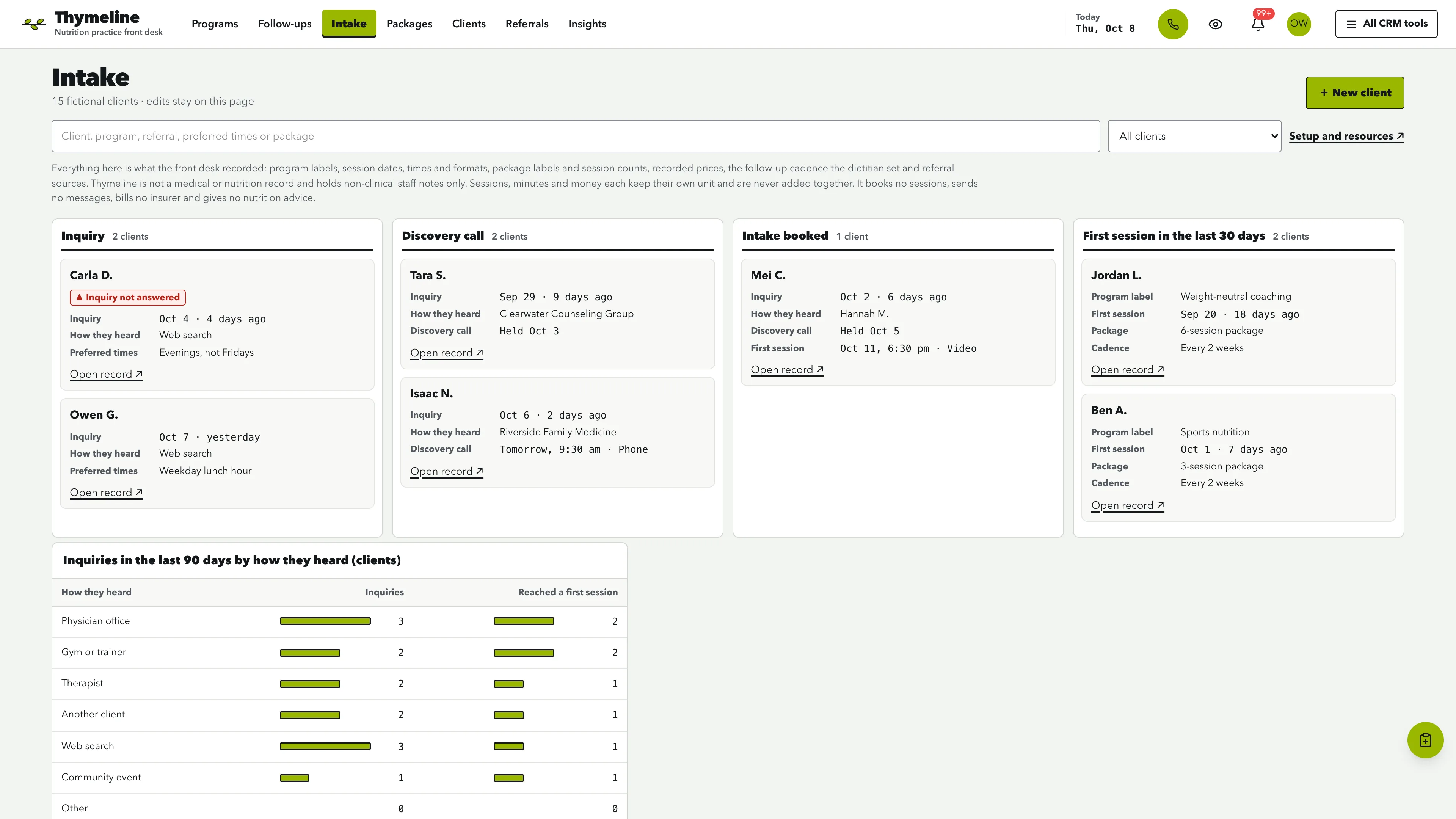 Intake in the GoSeedly Dietitian & Nutrition Practice Kit with fictional sample records