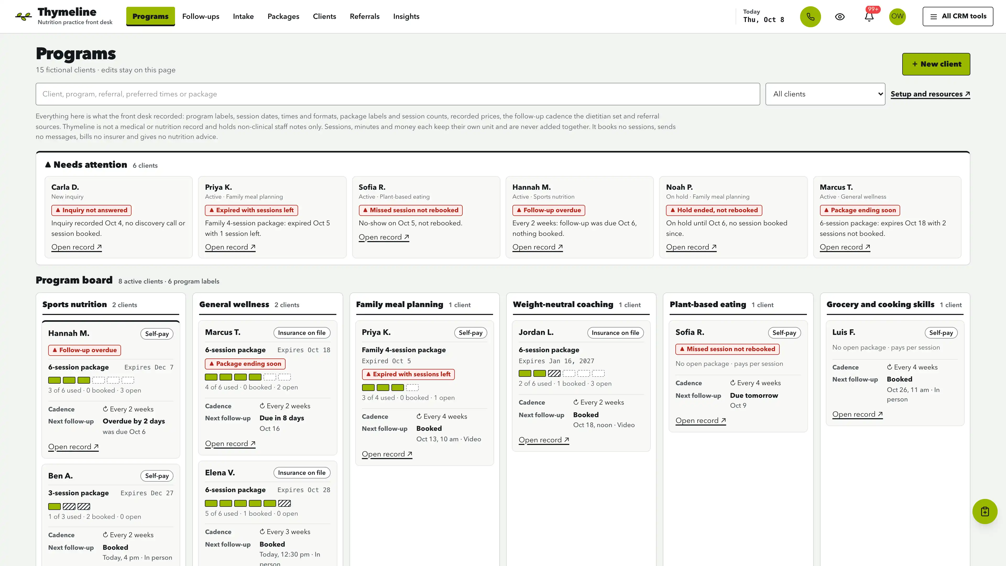 Very light top bar with the current view marked by a chartreuse highlighter block over a needs-attention strip of six clients and a program board of six lanes, each client card showing a coverage label, a package meter of filled, striped and dashed session cells, the cadence and the next follow-up in words, alerts flagged in red, using fictional sample data