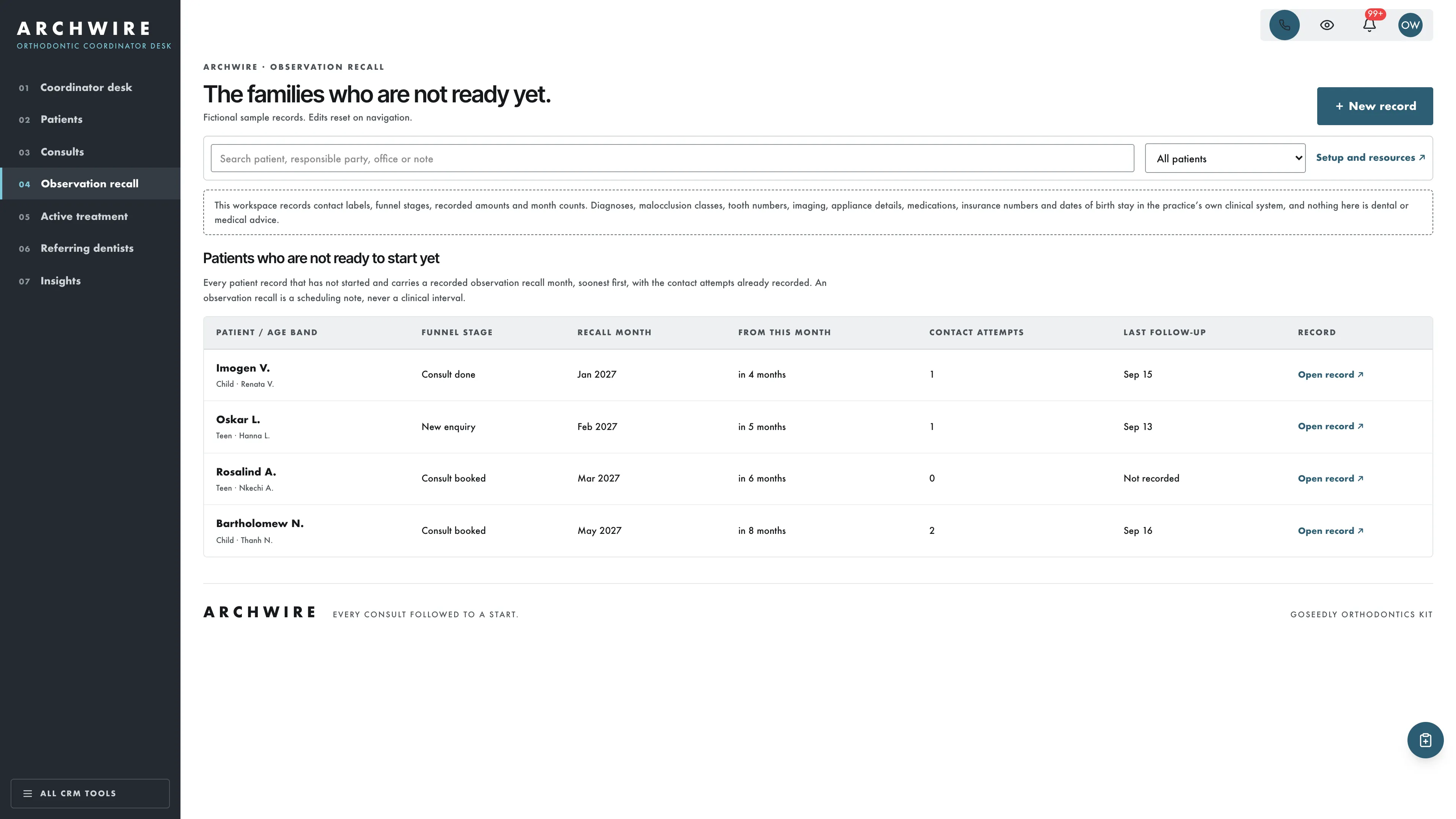 Observation recall in the GoSeedly Orthodontics Kit with fictional sample records