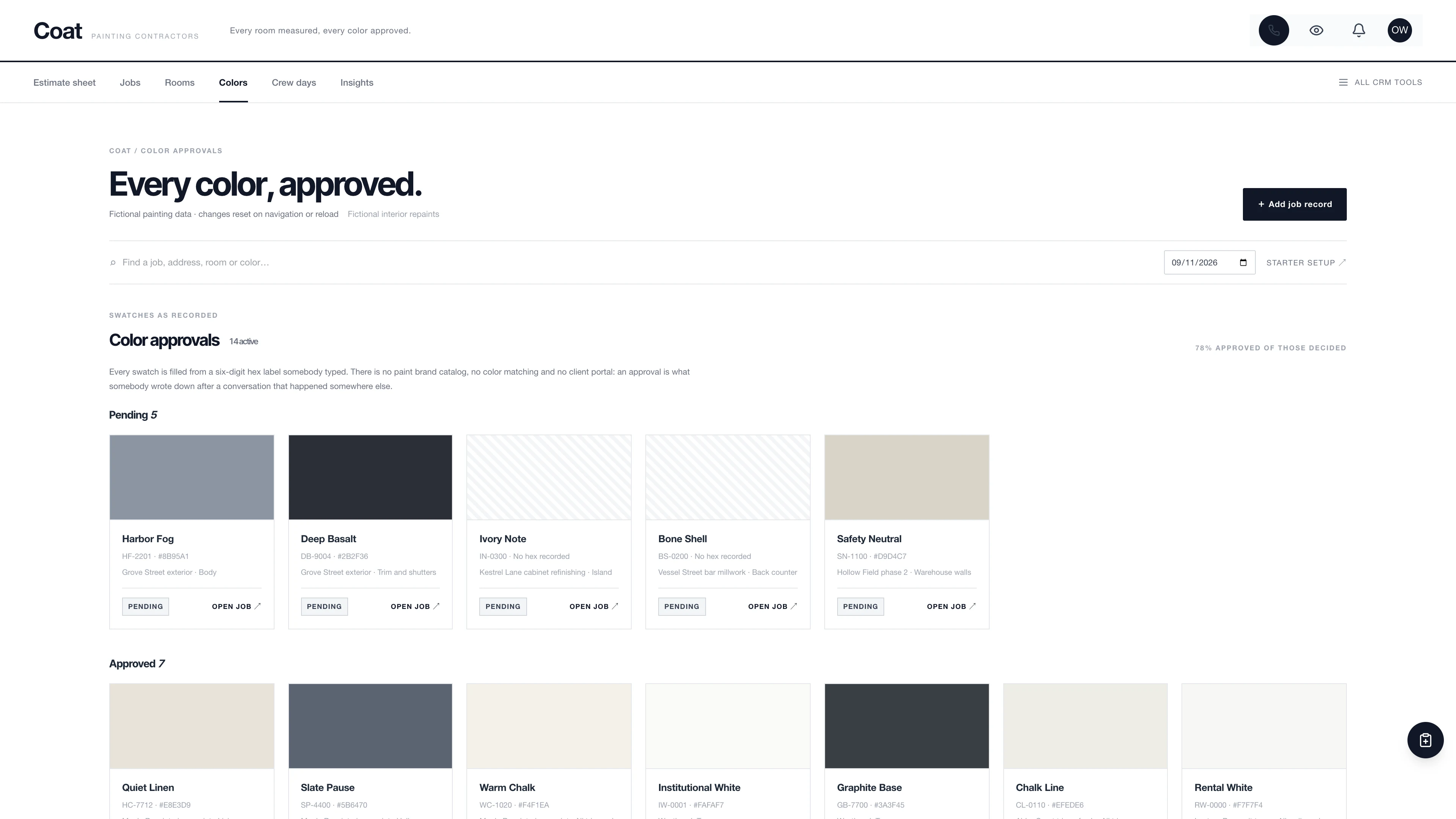 Color approvals in the GoSeedly Painting Kit with fictional sample records