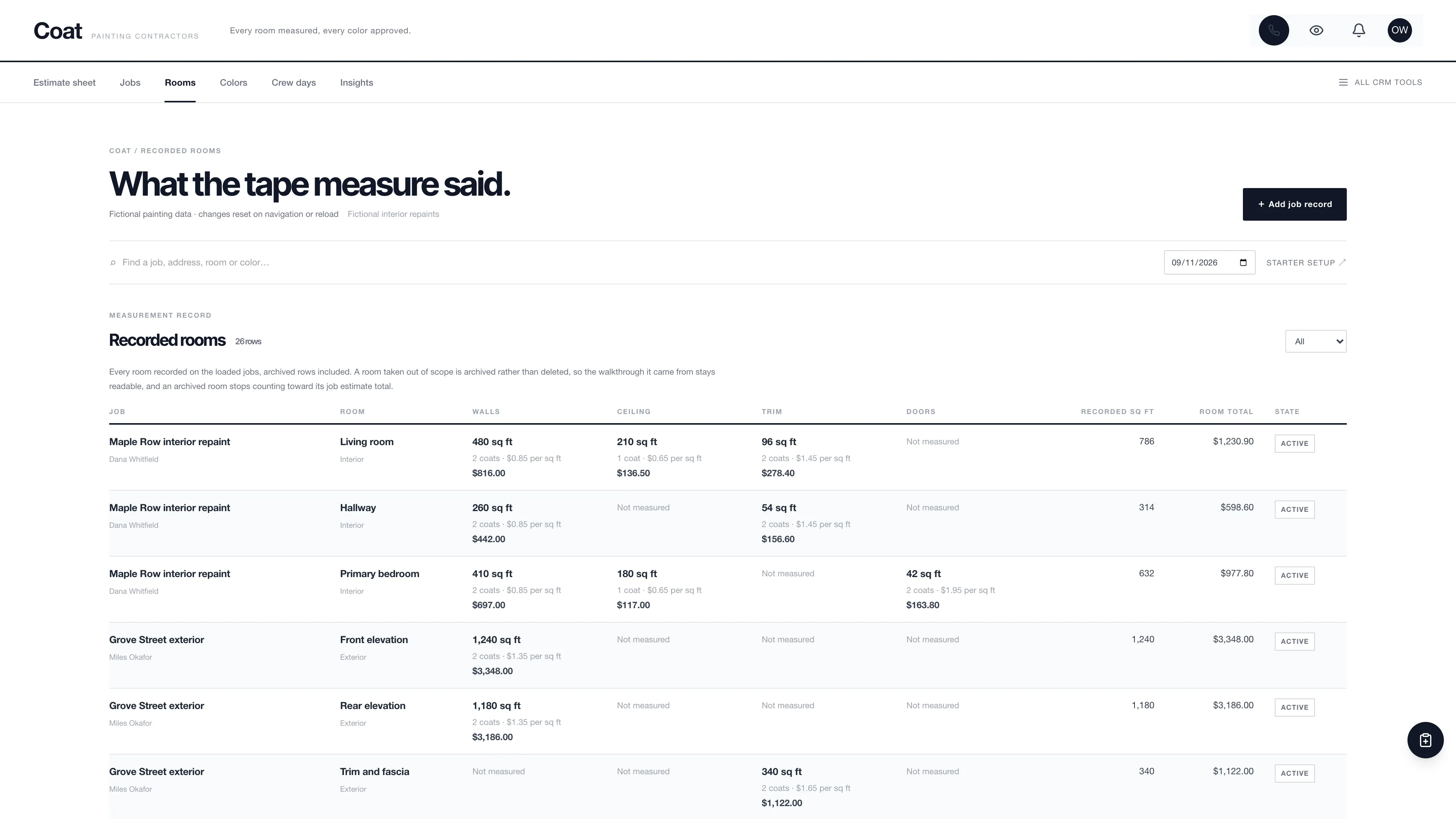 Measurement record in the GoSeedly Painting Kit with fictional sample records