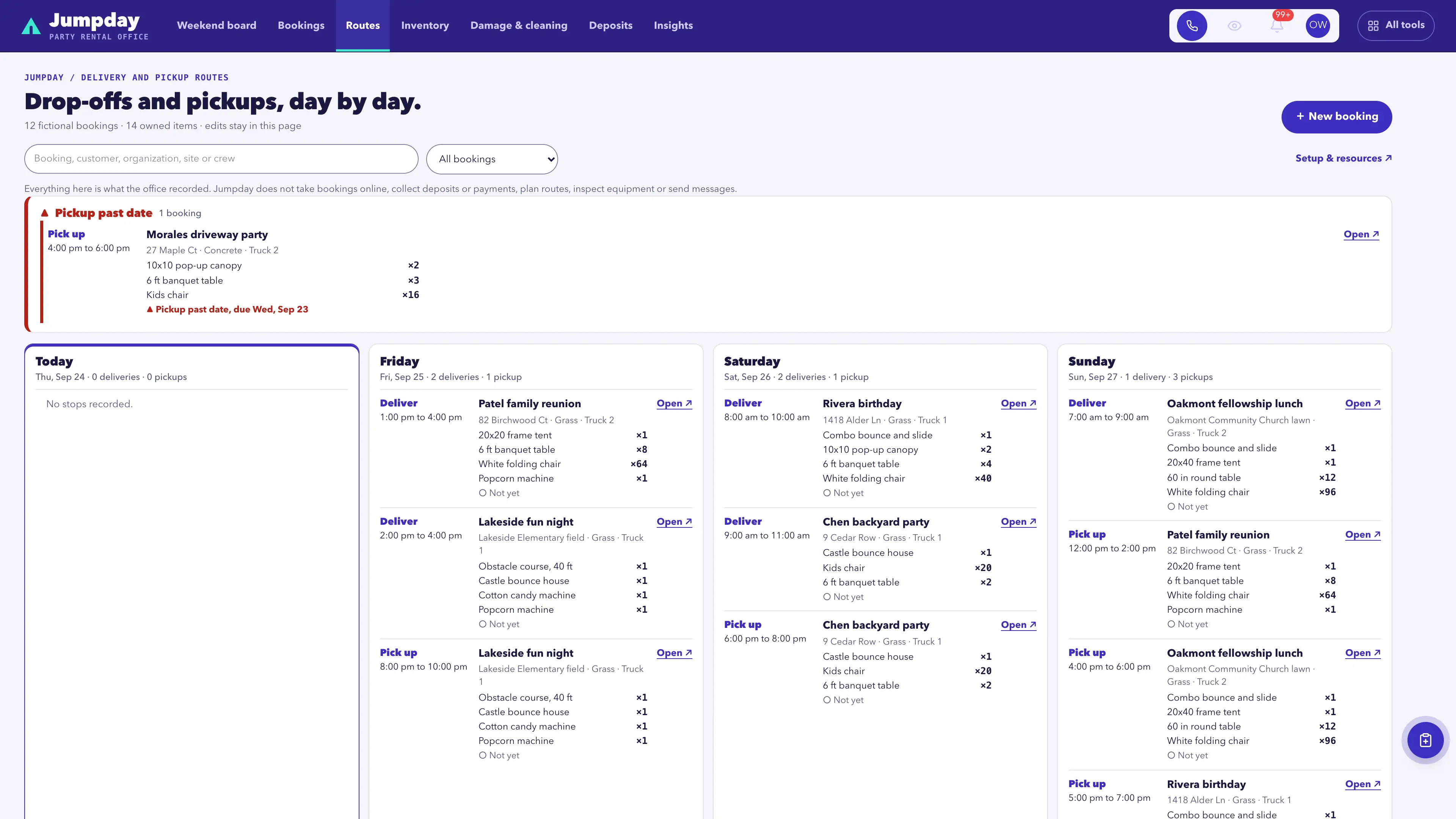 Routes in the GoSeedly Party & Event Rentals Kit with fictional sample records