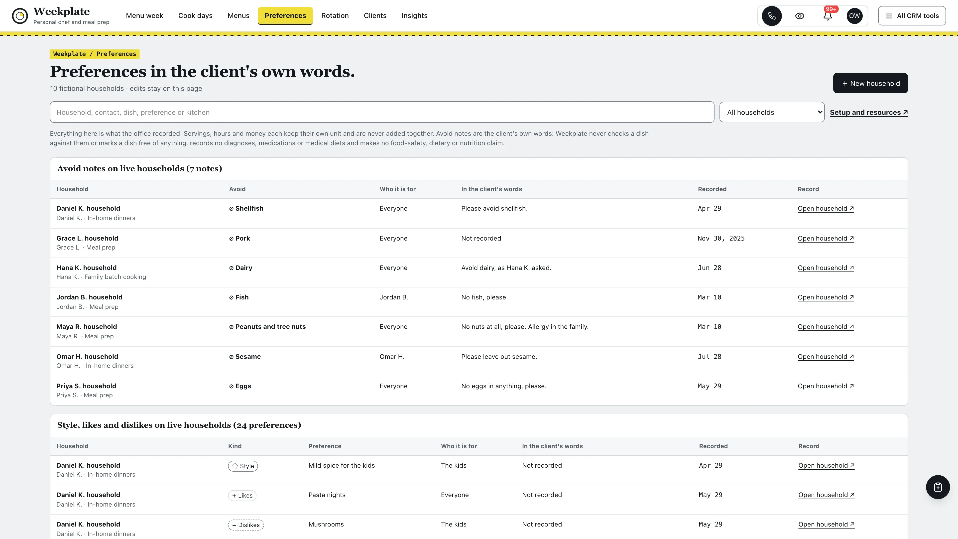 Preferences in the GoSeedly Personal Chef & Meal Prep Kit with fictional sample records
