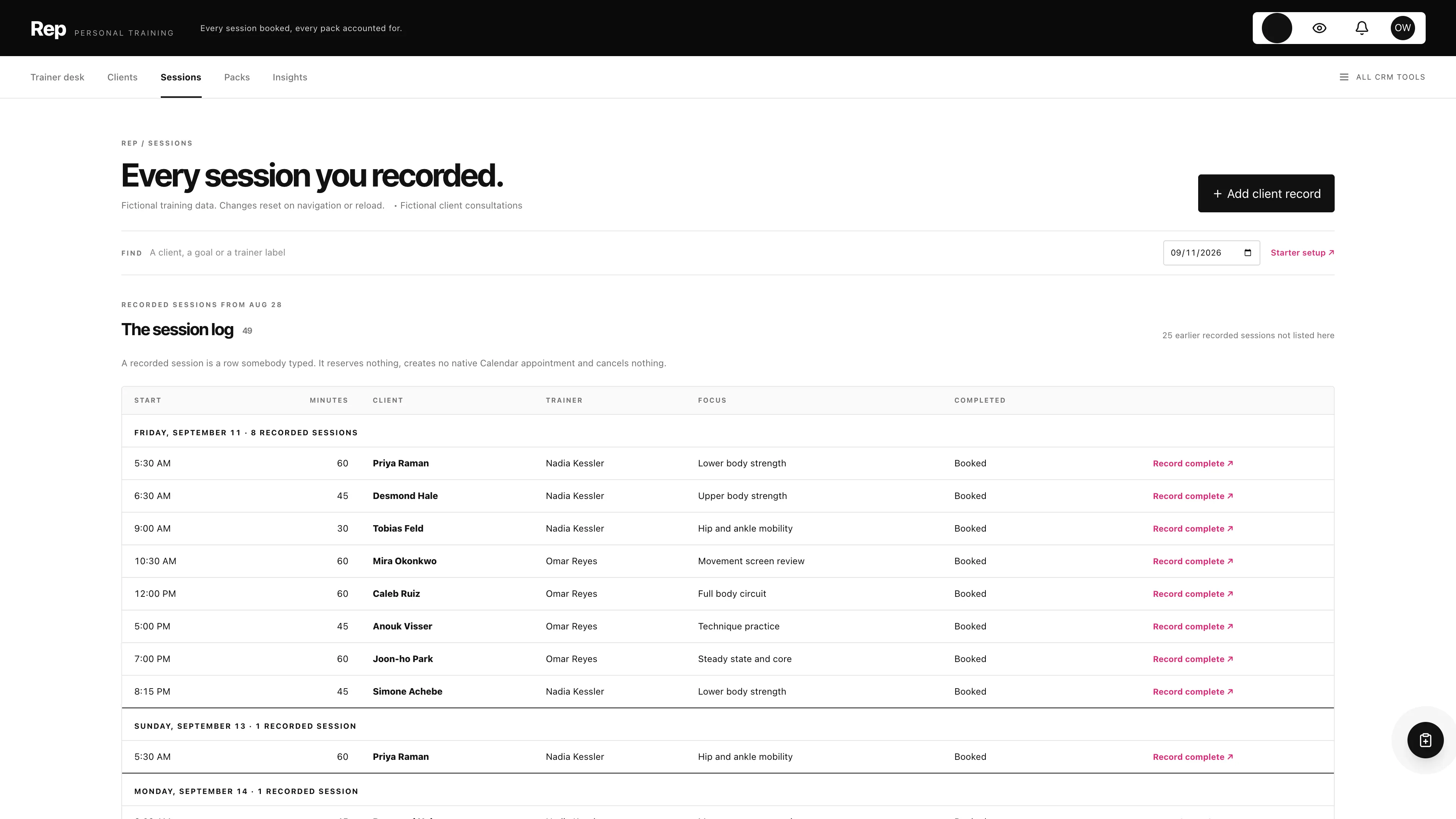 Sessions in the GoSeedly Personal Training Kit with fictional sample records