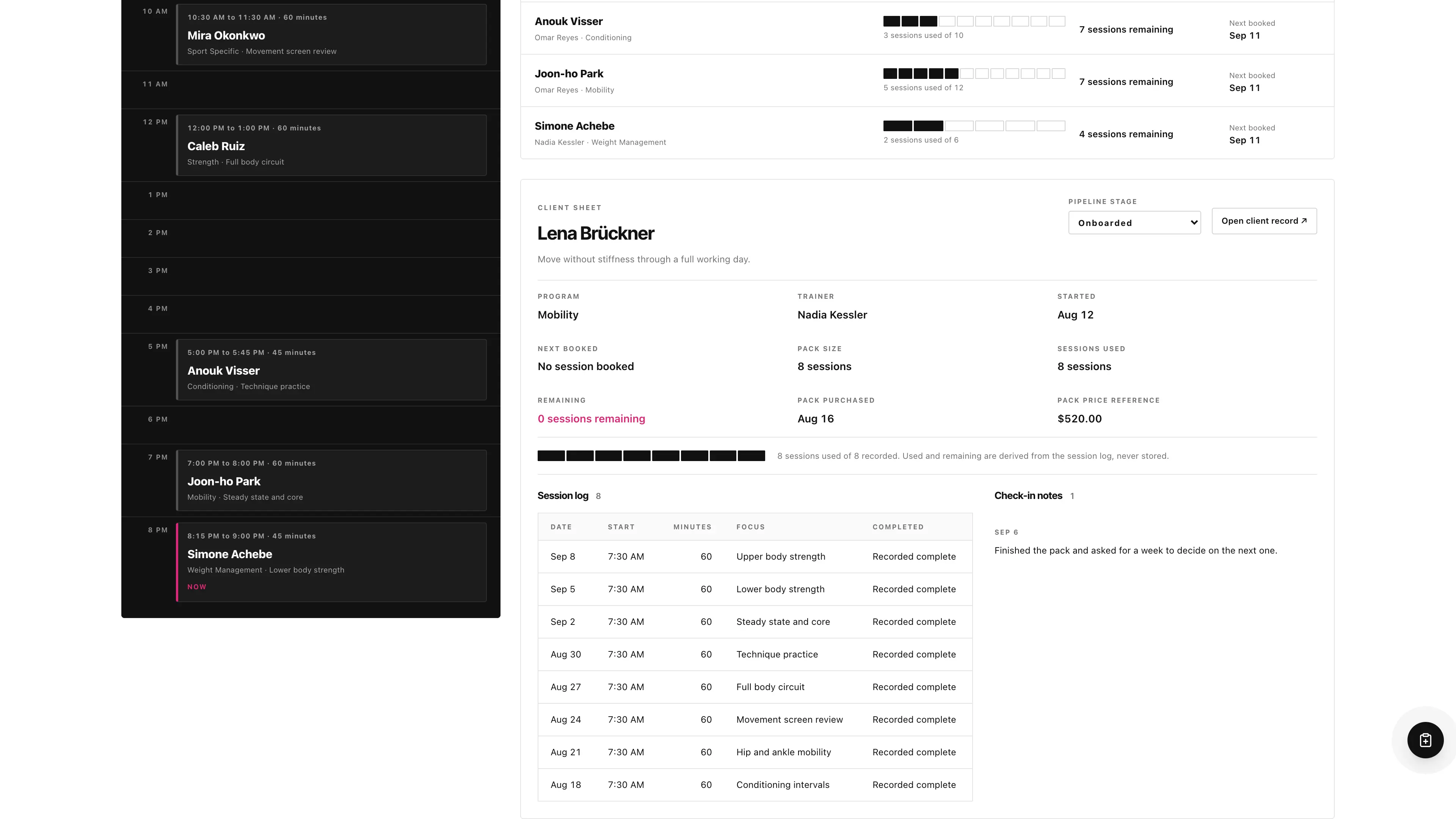 Client sheet in the GoSeedly Personal Training Kit with fictional sample records