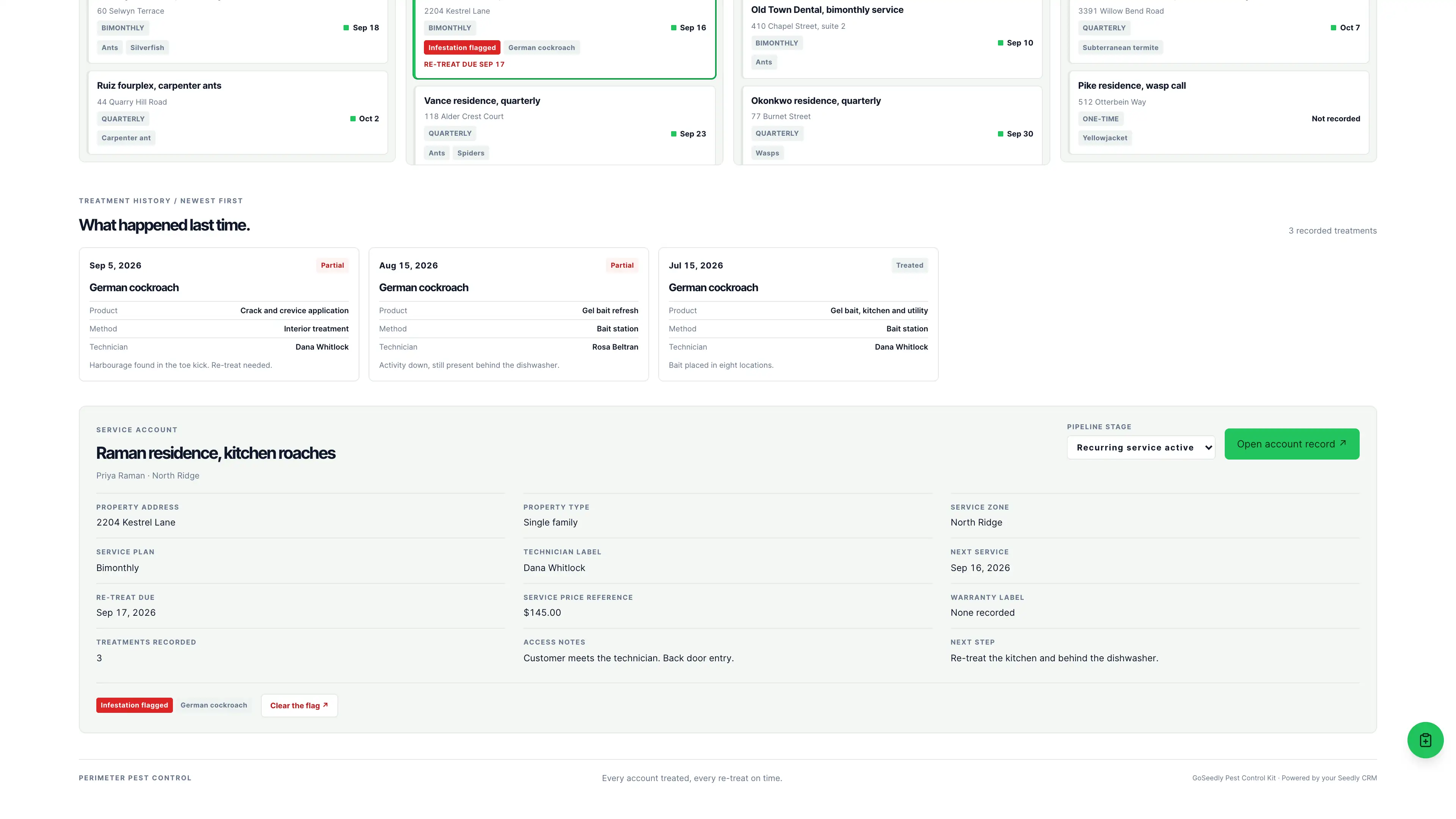 Treatment history in the GoSeedly Pest Control Kit with fictional sample records