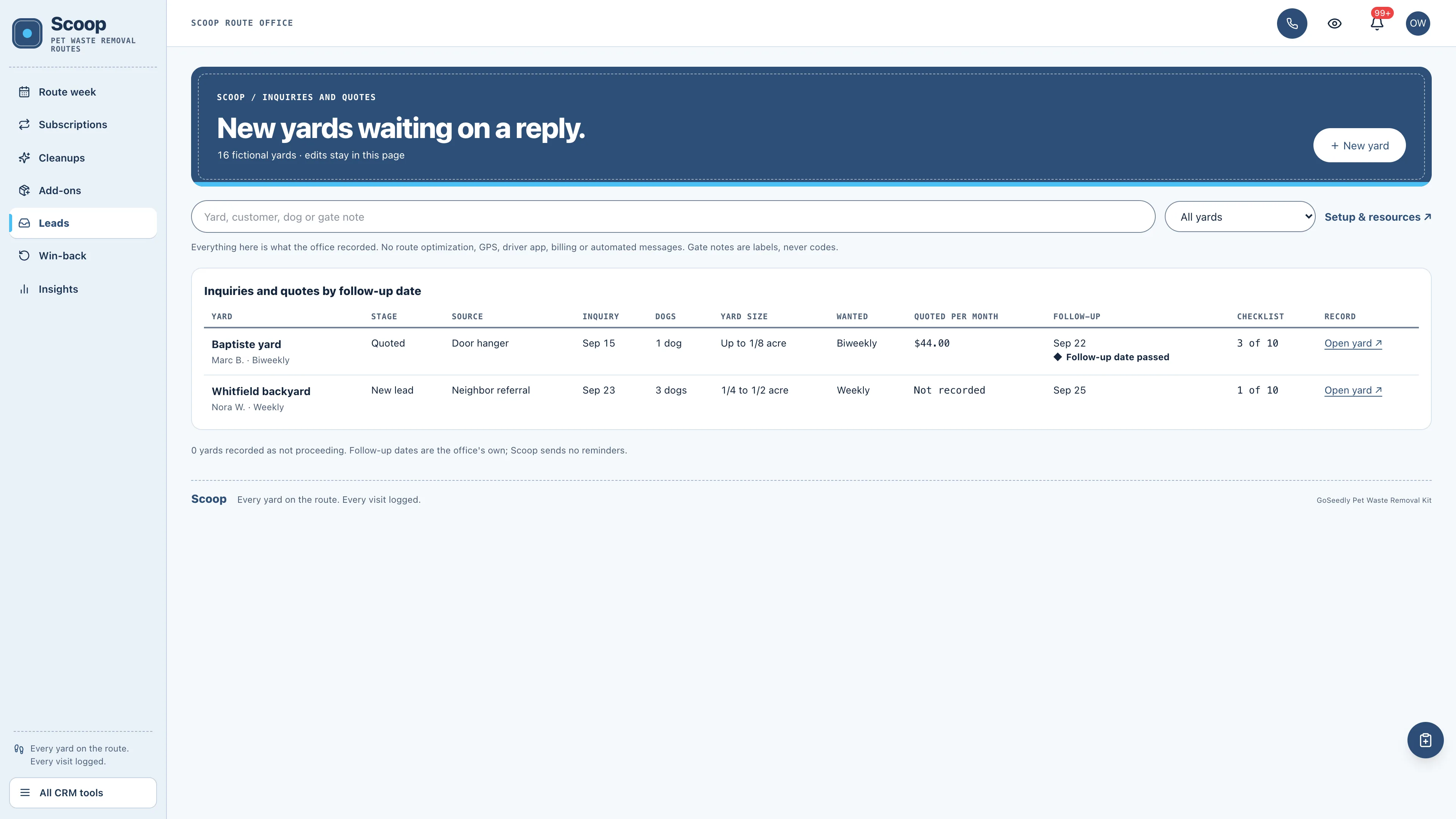 Leads in the GoSeedly Pet Waste Removal Kit with fictional sample records