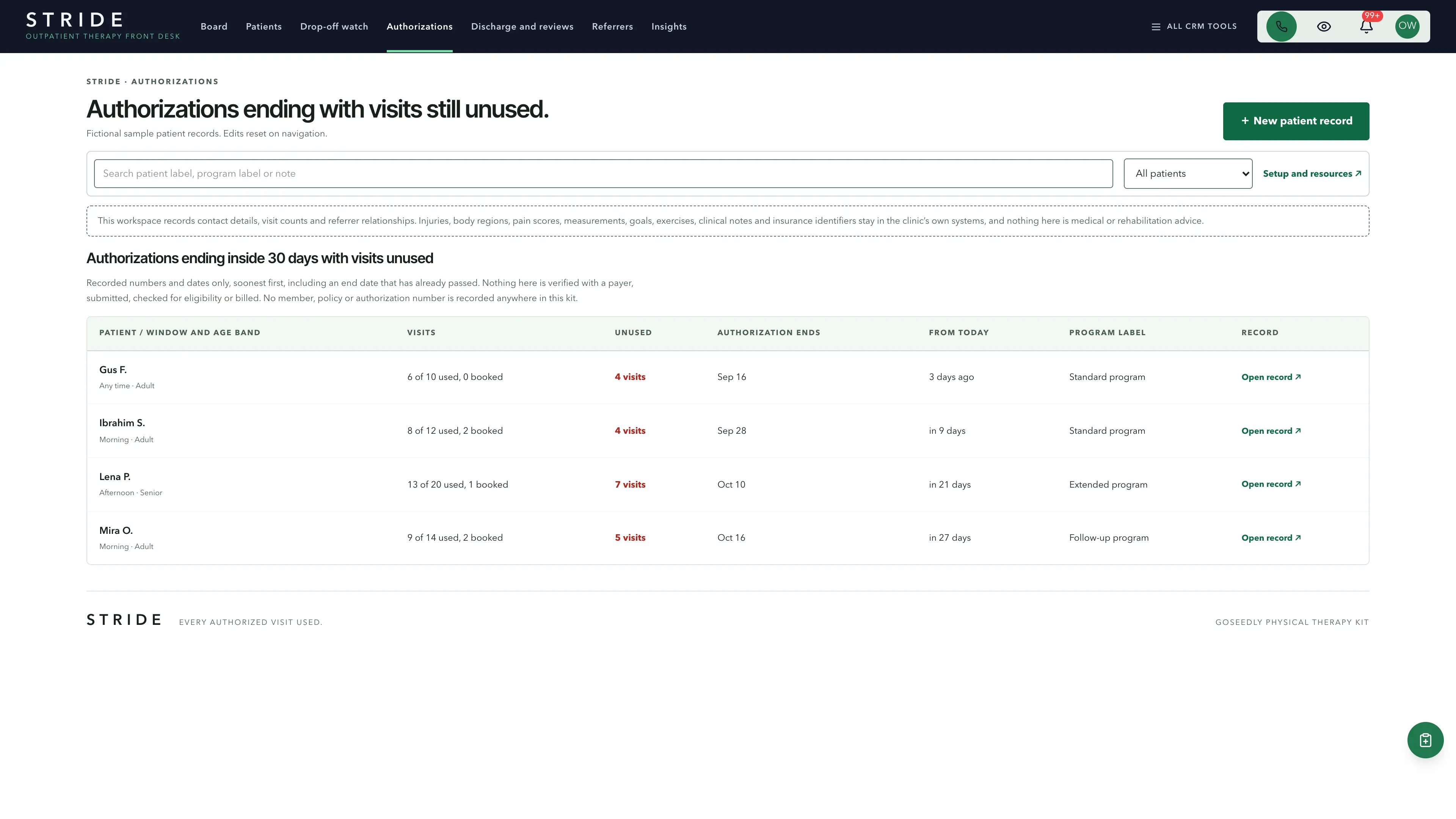 Authorizations in the GoSeedly Physical Therapy Kit with fictional sample records