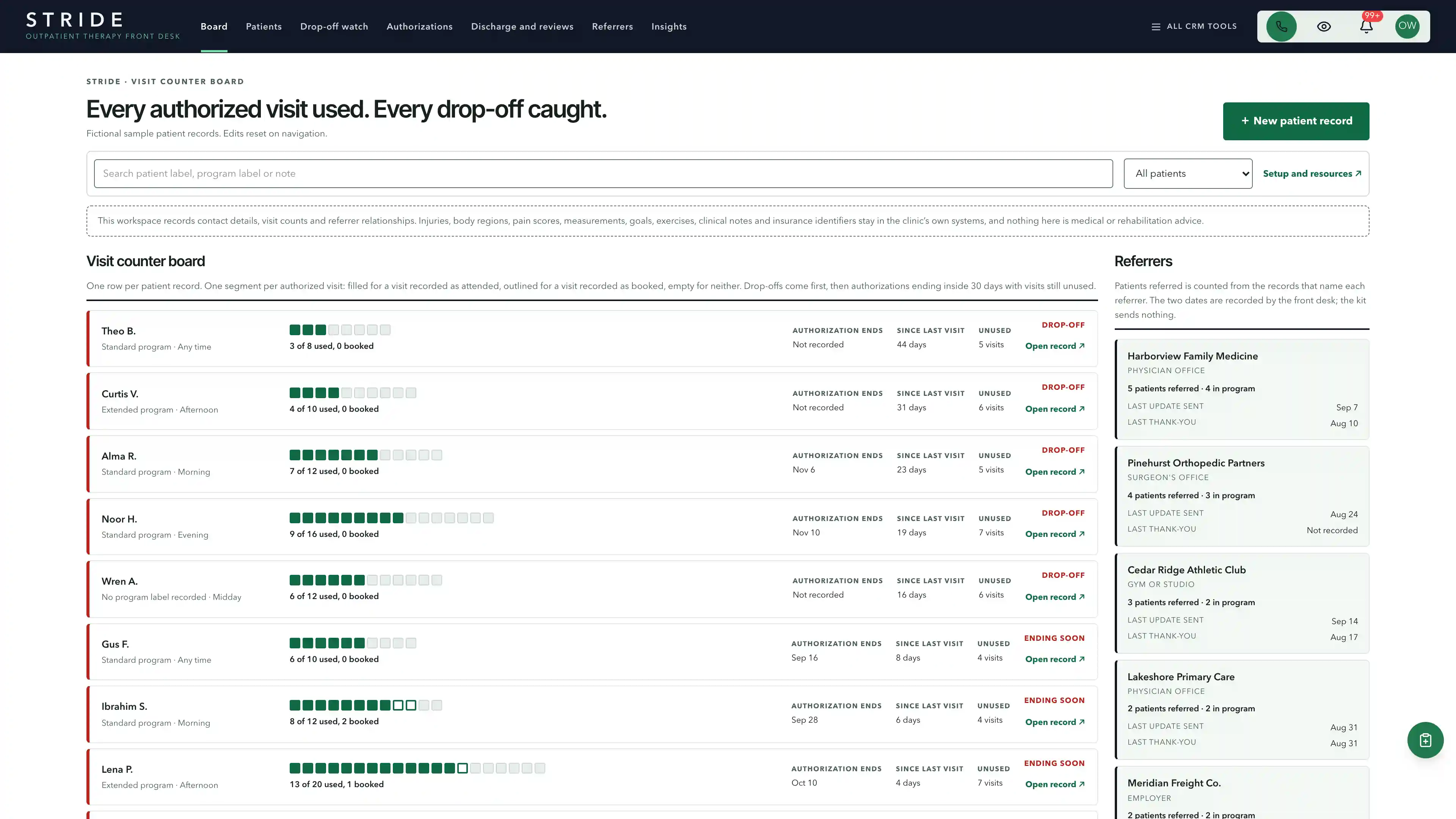 Near-black chrome above a visit counter board of patient rows, each a segmented bar of authorized visits filled for attended and outlined for booked, beside a referrer column, using fictional sample data