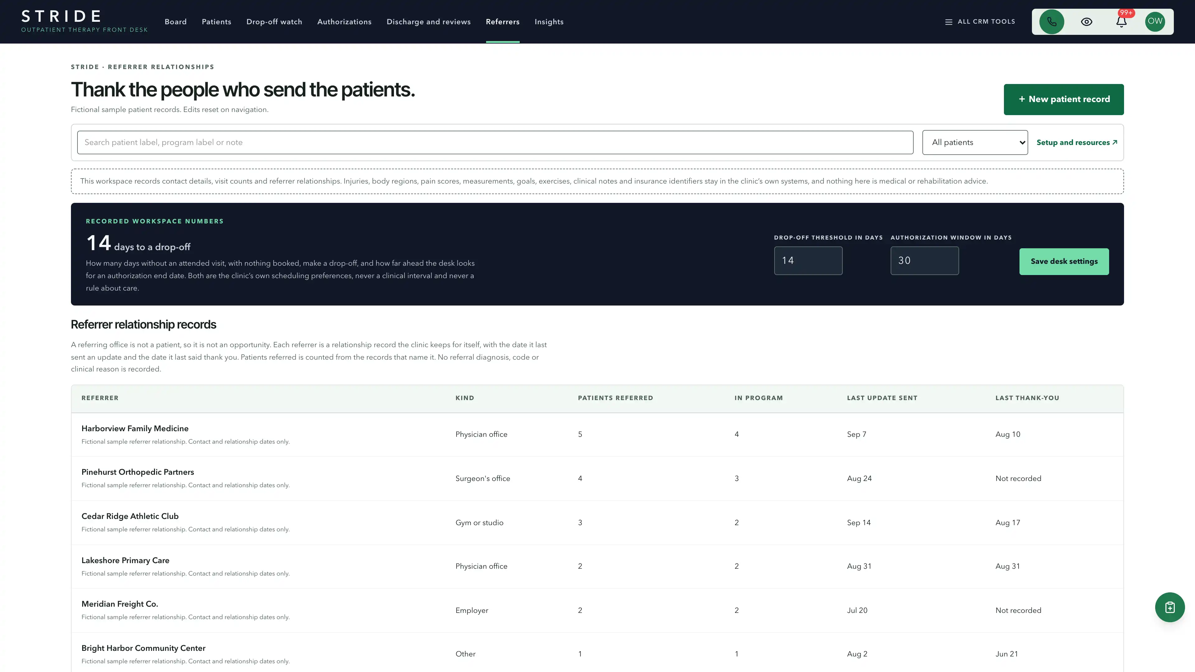 Referrers in the GoSeedly Physical Therapy Kit with fictional sample records