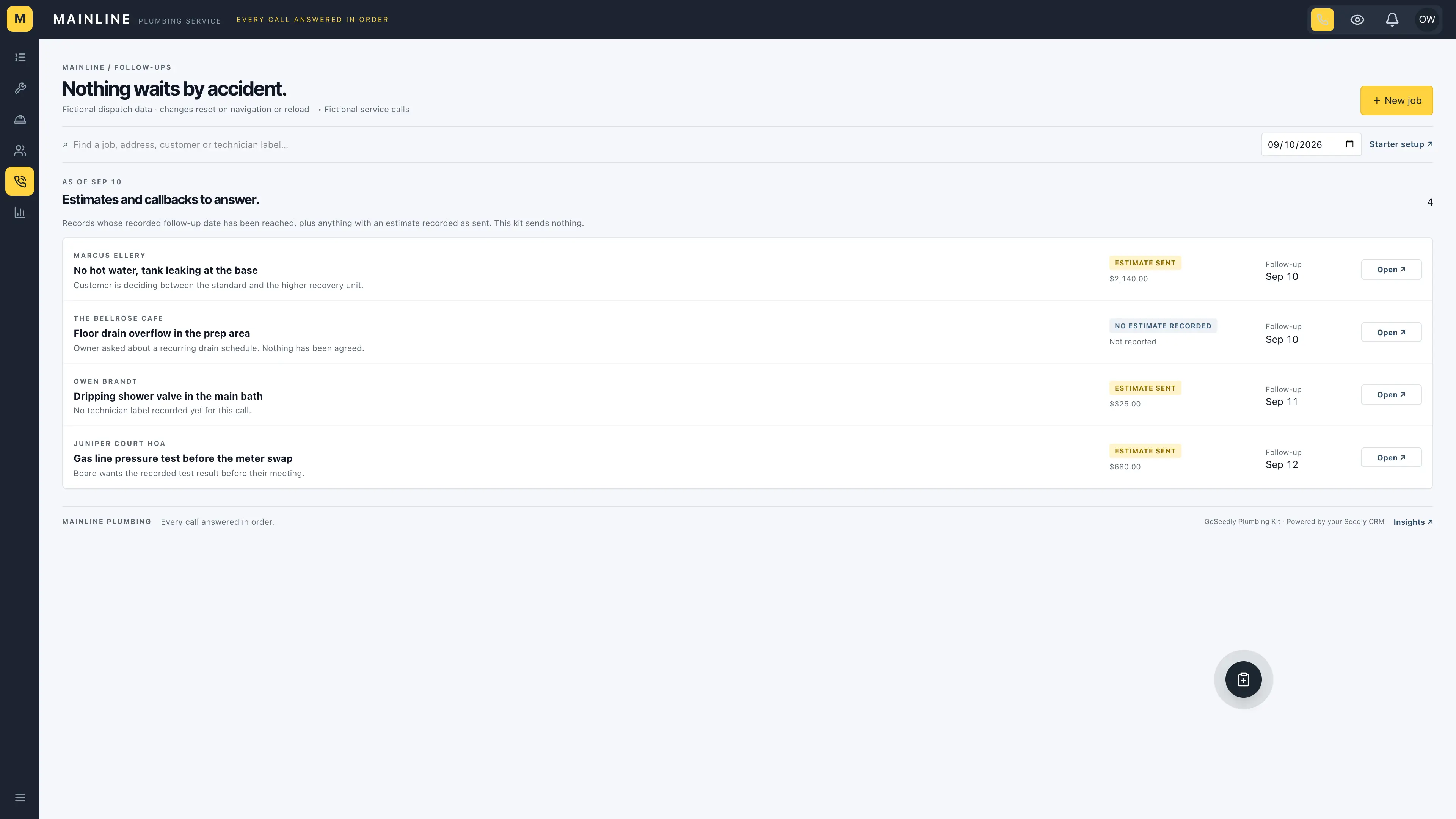 Follow-ups in the GoSeedly Plumbing Kit with fictional sample records