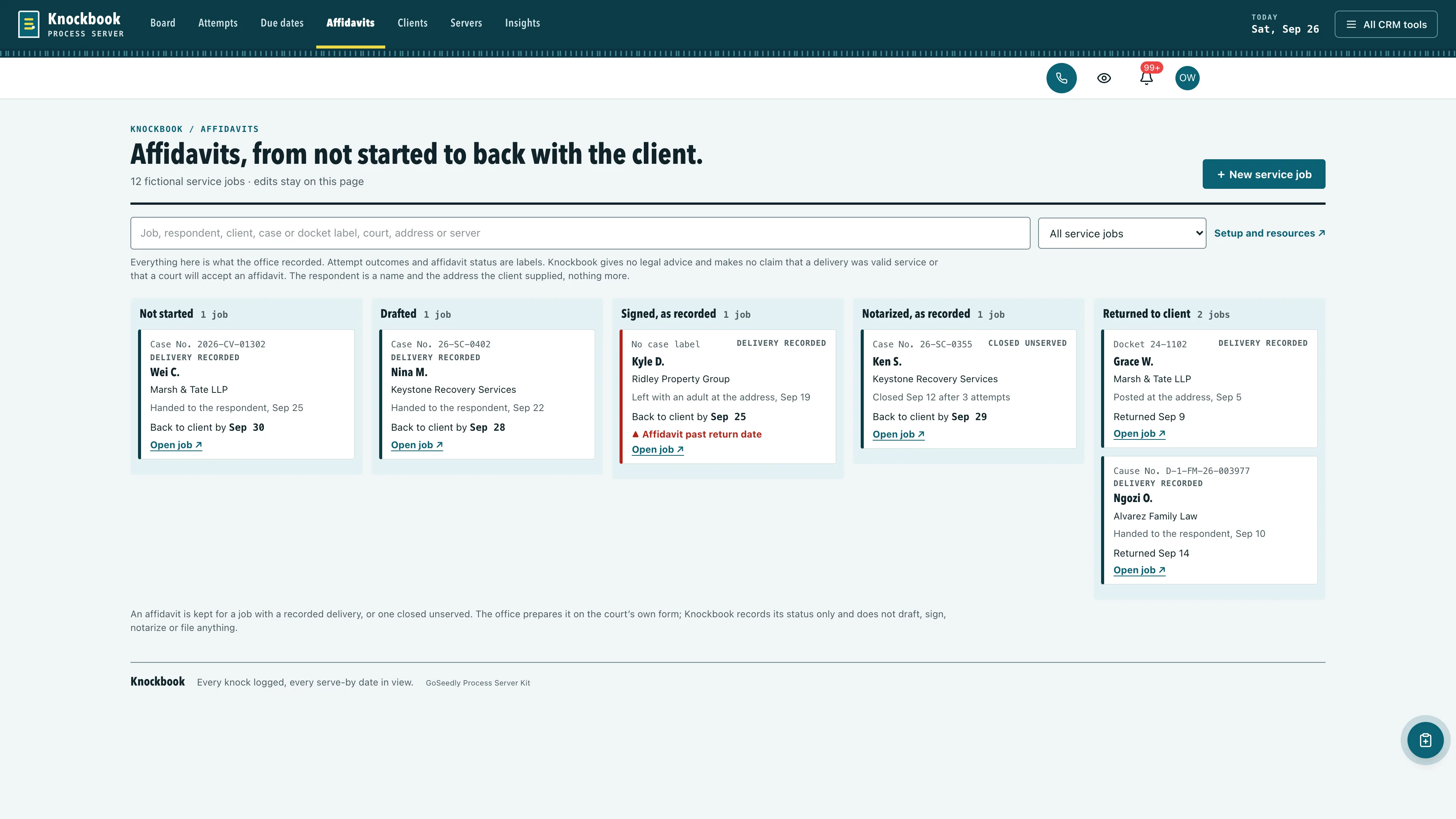 Affidavits in the GoSeedly Process Server Kit with fictional sample records
