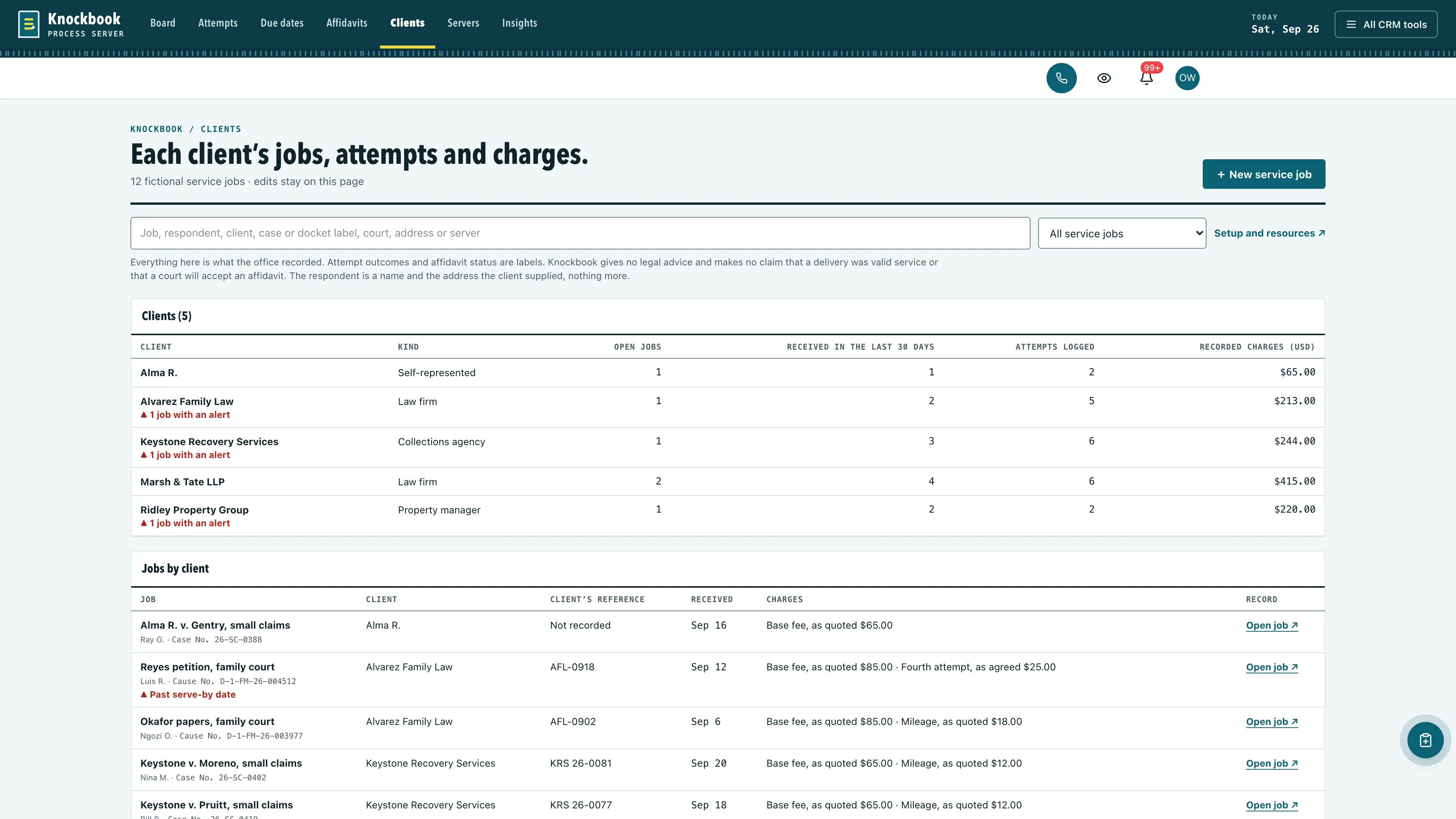 Clients in the GoSeedly Process Server Kit with fictional sample records