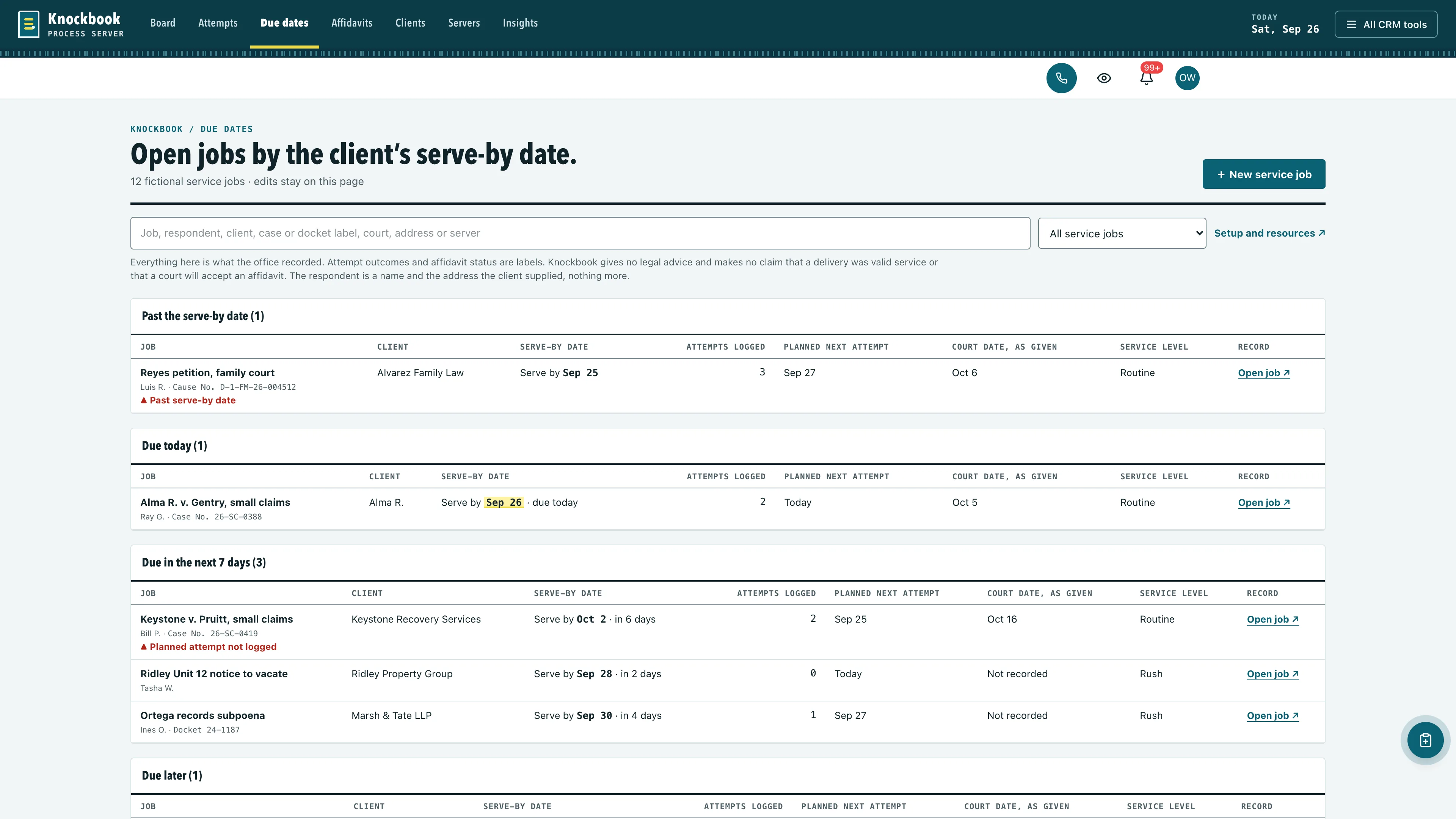 Due dates in the GoSeedly Process Server Kit with fictional sample records