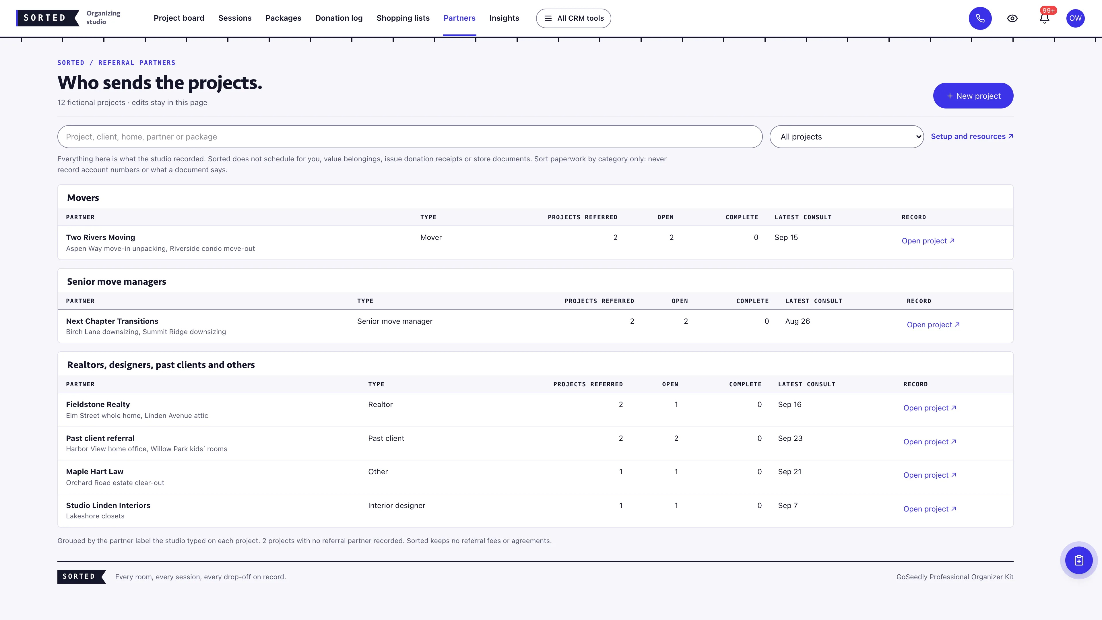 Partners in the GoSeedly Professional Organizer Kit with fictional sample records