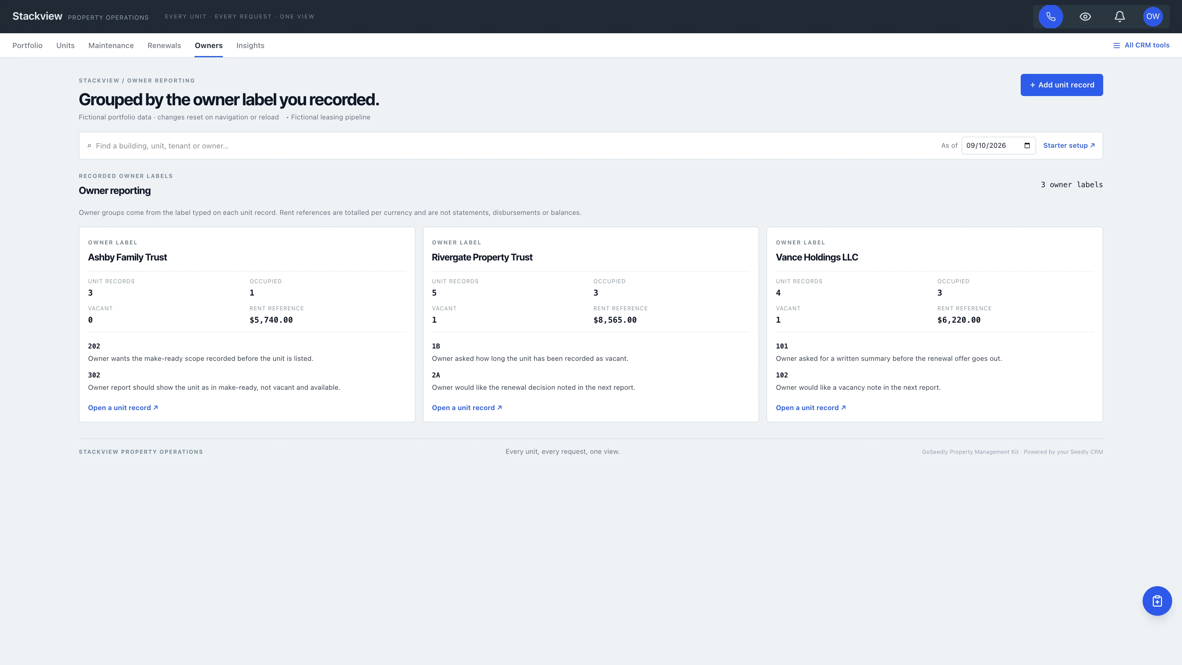Owner reporting in the GoSeedly Property Management Kit with fictional sample records