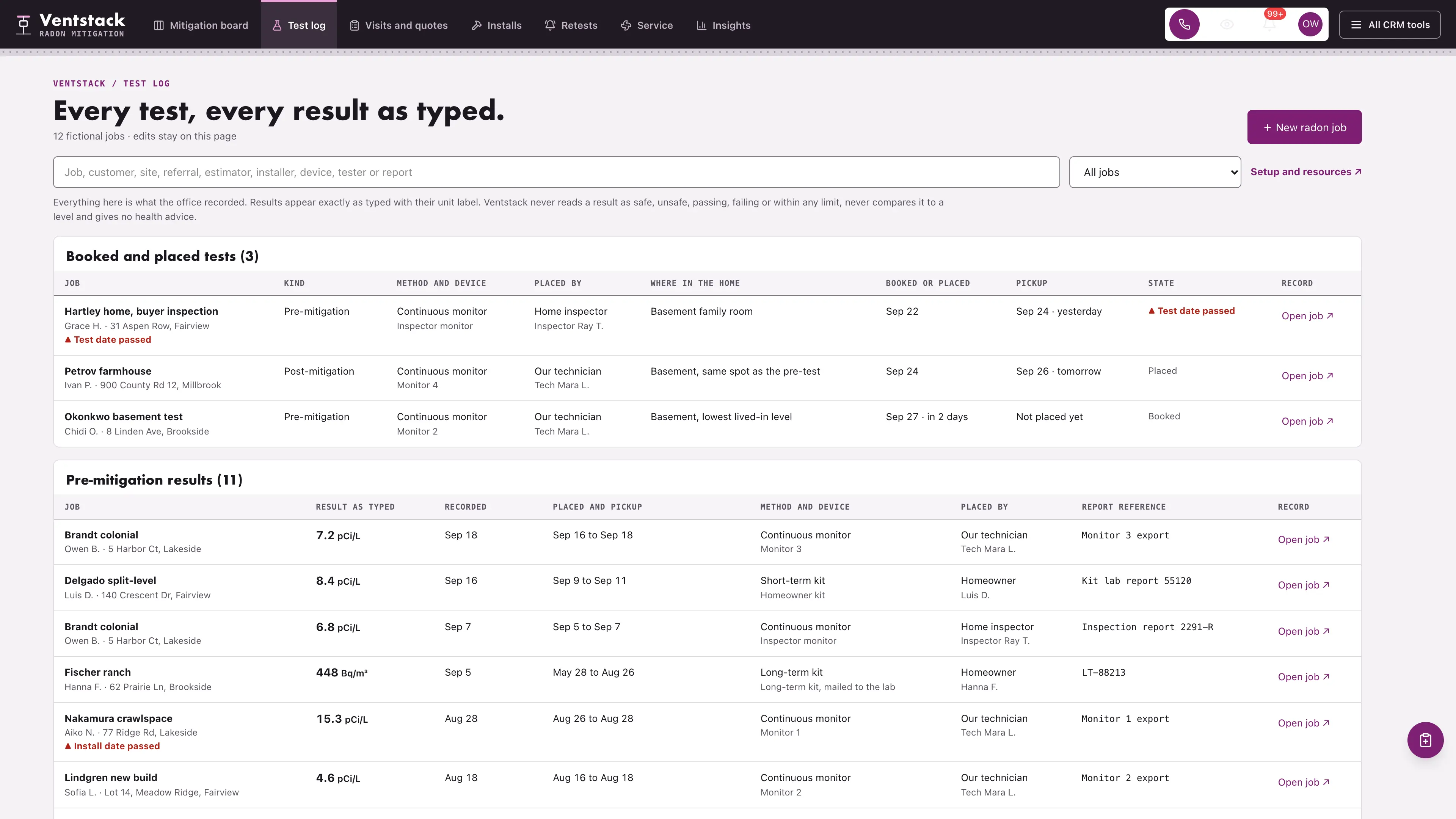 Test log in the GoSeedly Radon Mitigation Kit with fictional sample records