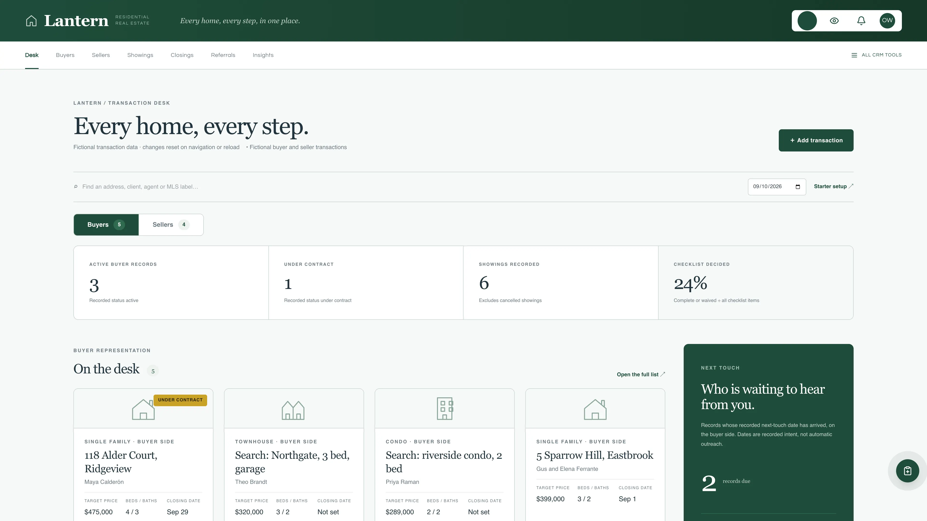 Real estate transaction desk with a buyers and sellers toggle, property cards, and a next-touch column using fictional sample data