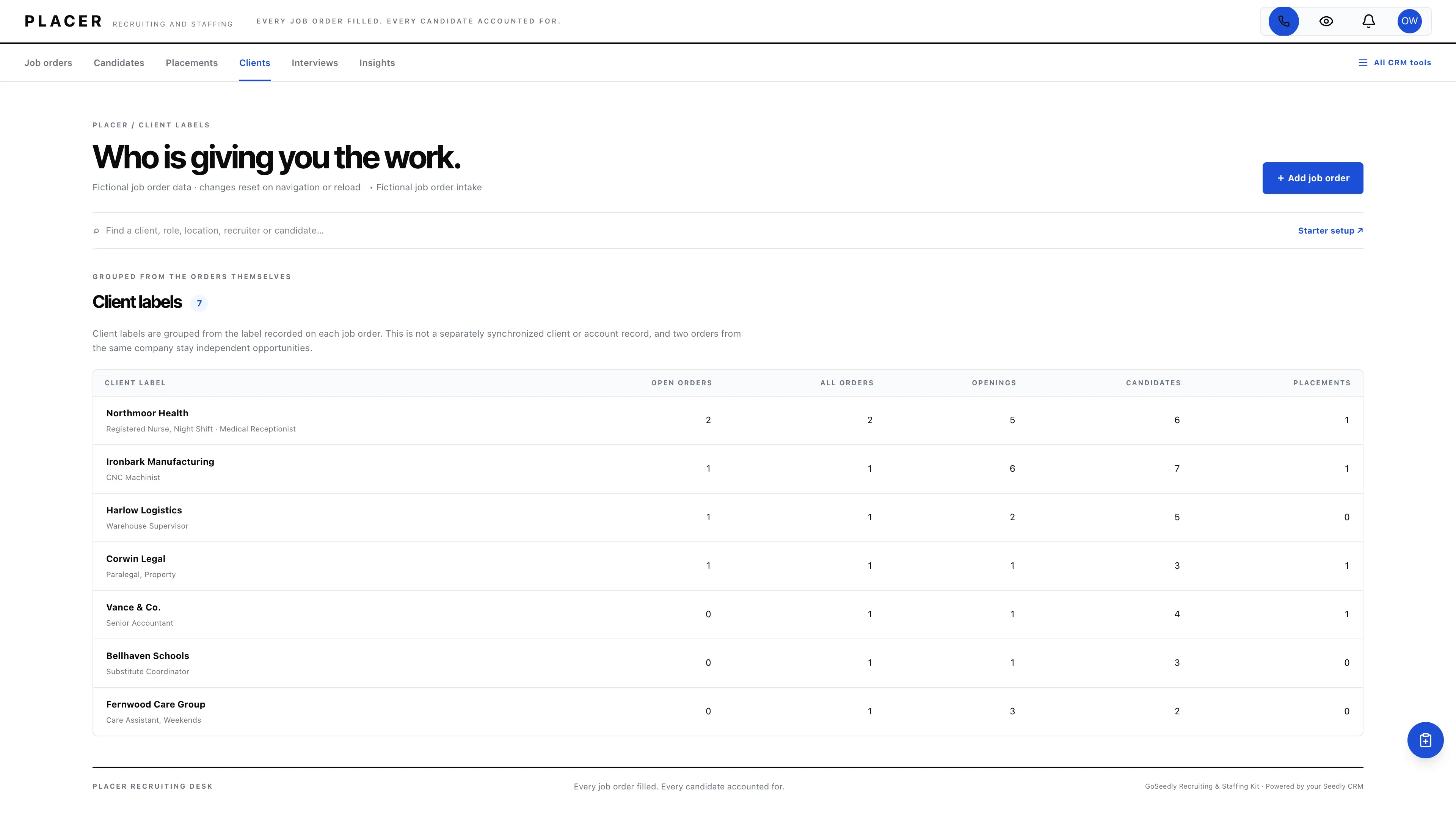 Clients in the GoSeedly Recruiting & Staffing Kit with fictional sample records