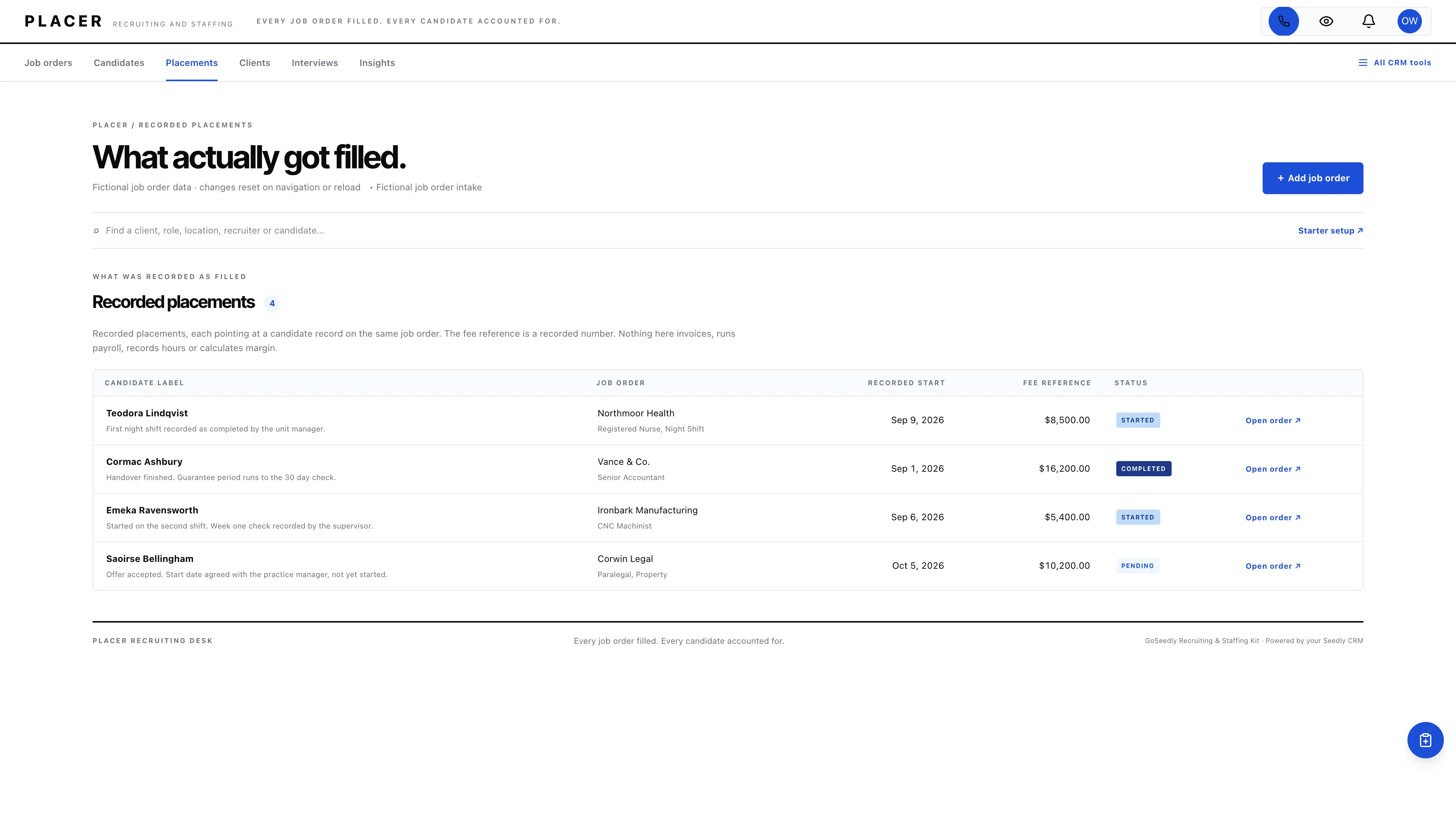 Placements in the GoSeedly Recruiting & Staffing Kit with fictional sample records