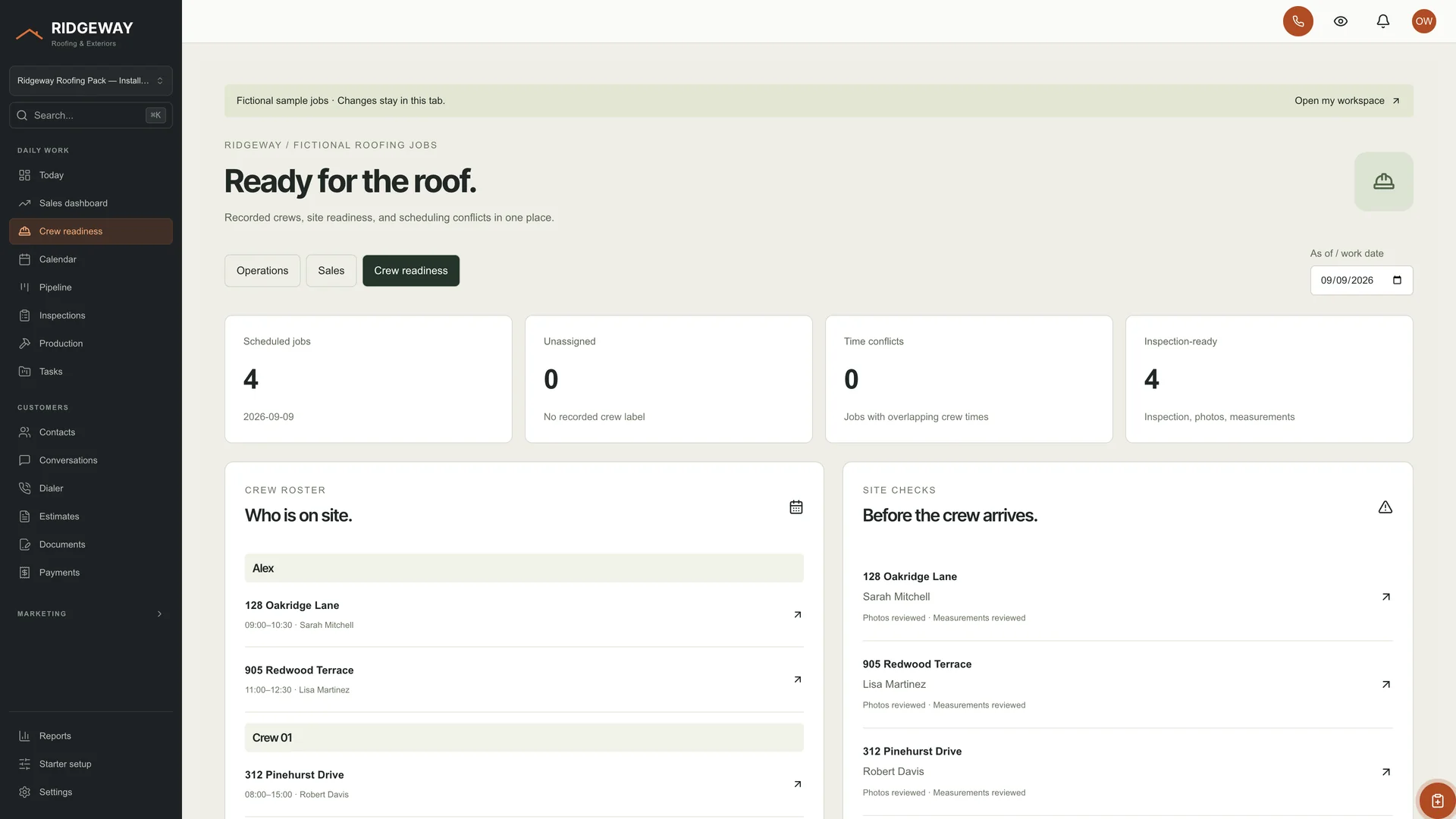 Crew readiness in the GoSeedly Roofing Kit with fictional sample records