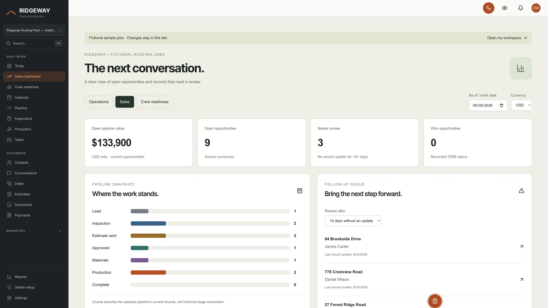 Sales dashboard in the GoSeedly Roofing Kit with fictional sample records