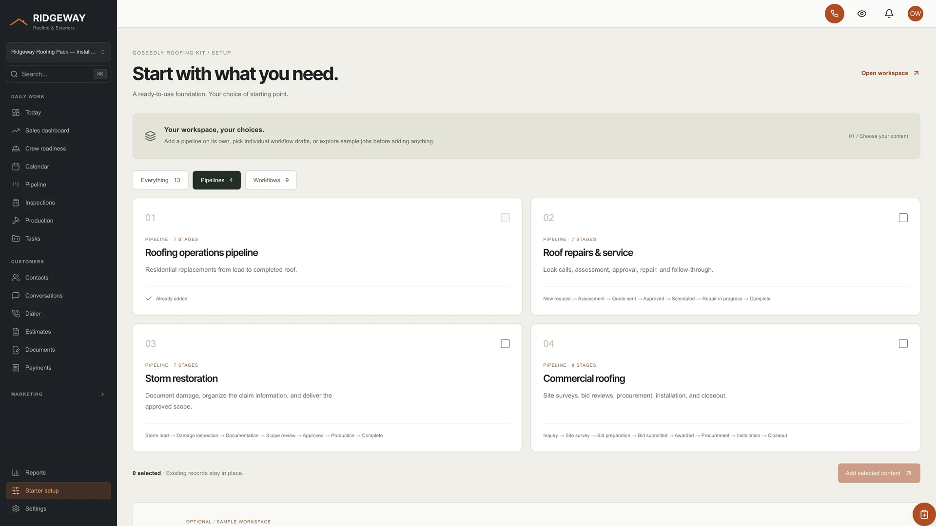 Starter setup in the GoSeedly Roofing Kit with fictional sample records