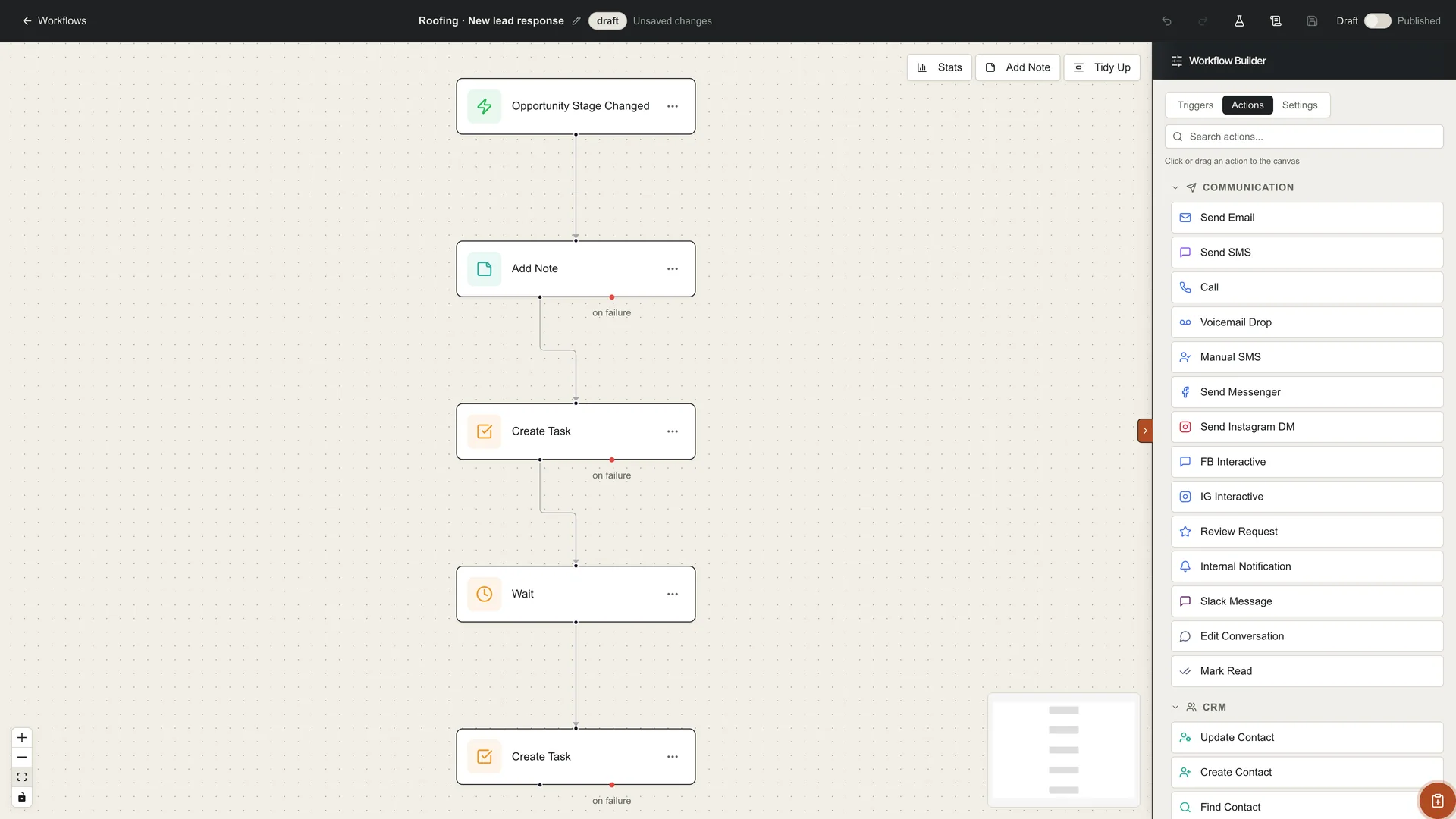 Workflow drafts in the GoSeedly Roofing Kit with fictional sample records