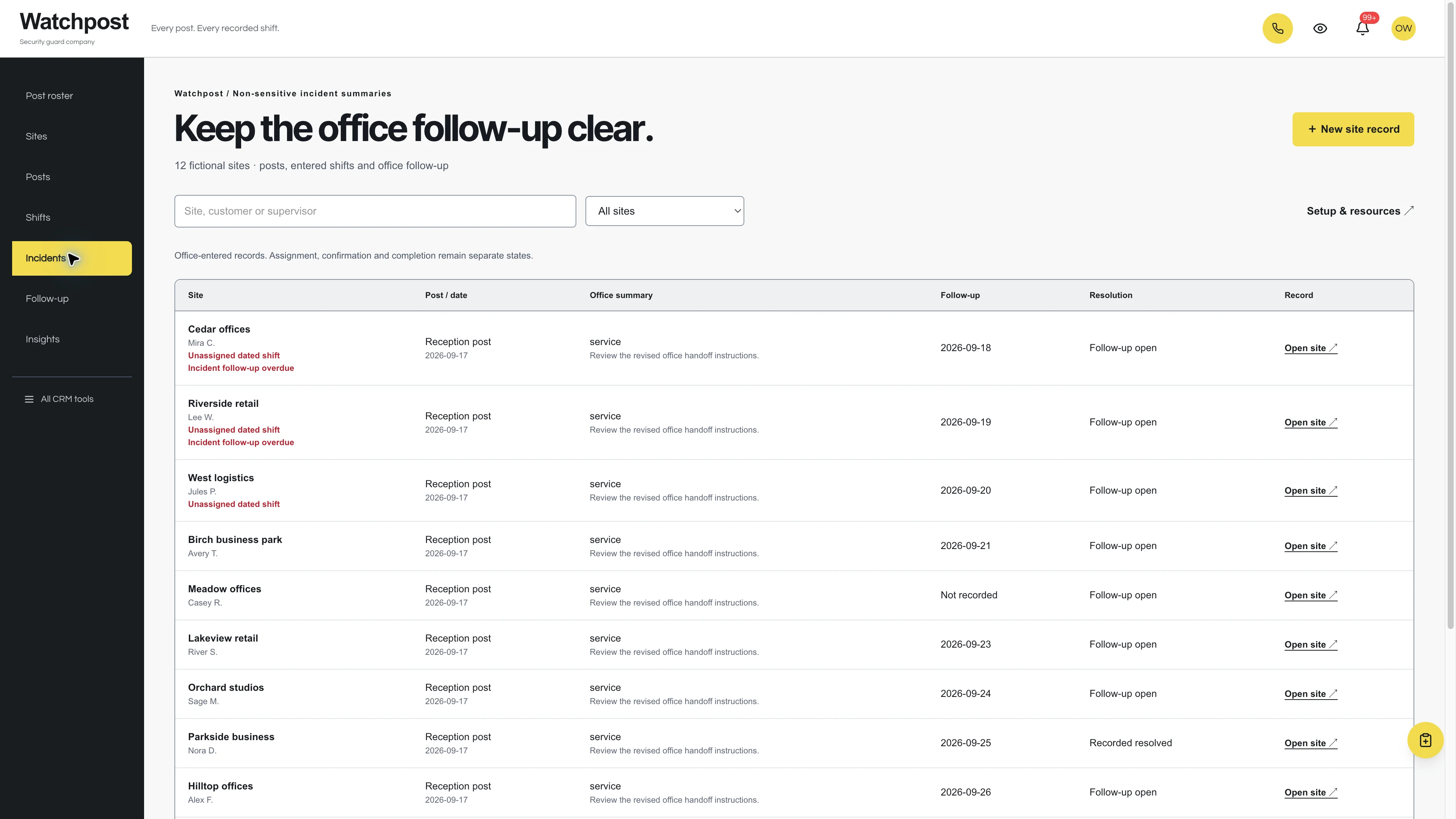 Incidents in the GoSeedly Security Guard Company Kit with fictional sample records