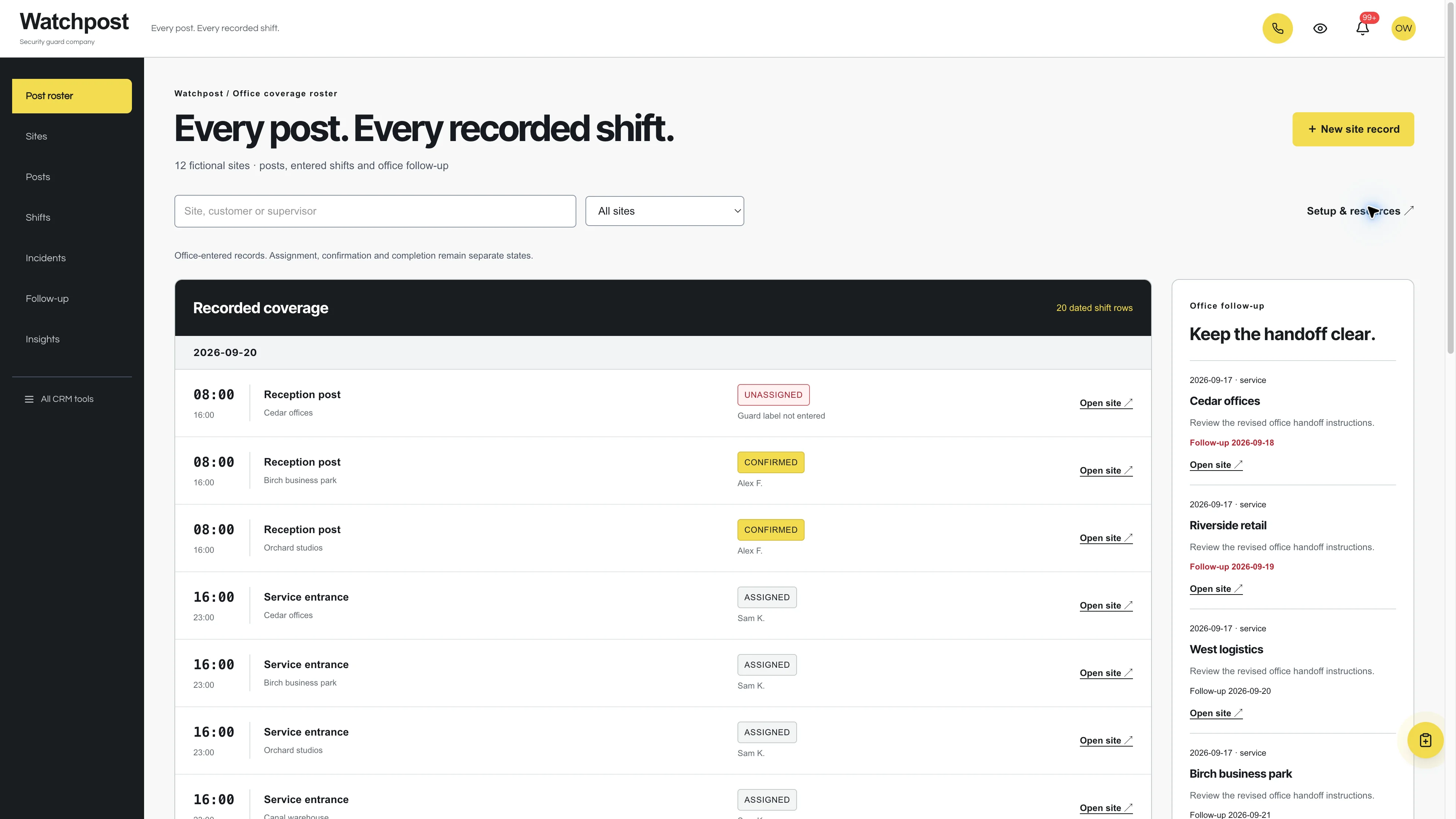 Watchpost dated shift roster and office follow-up panel with dark navigation and signal-yellow accents