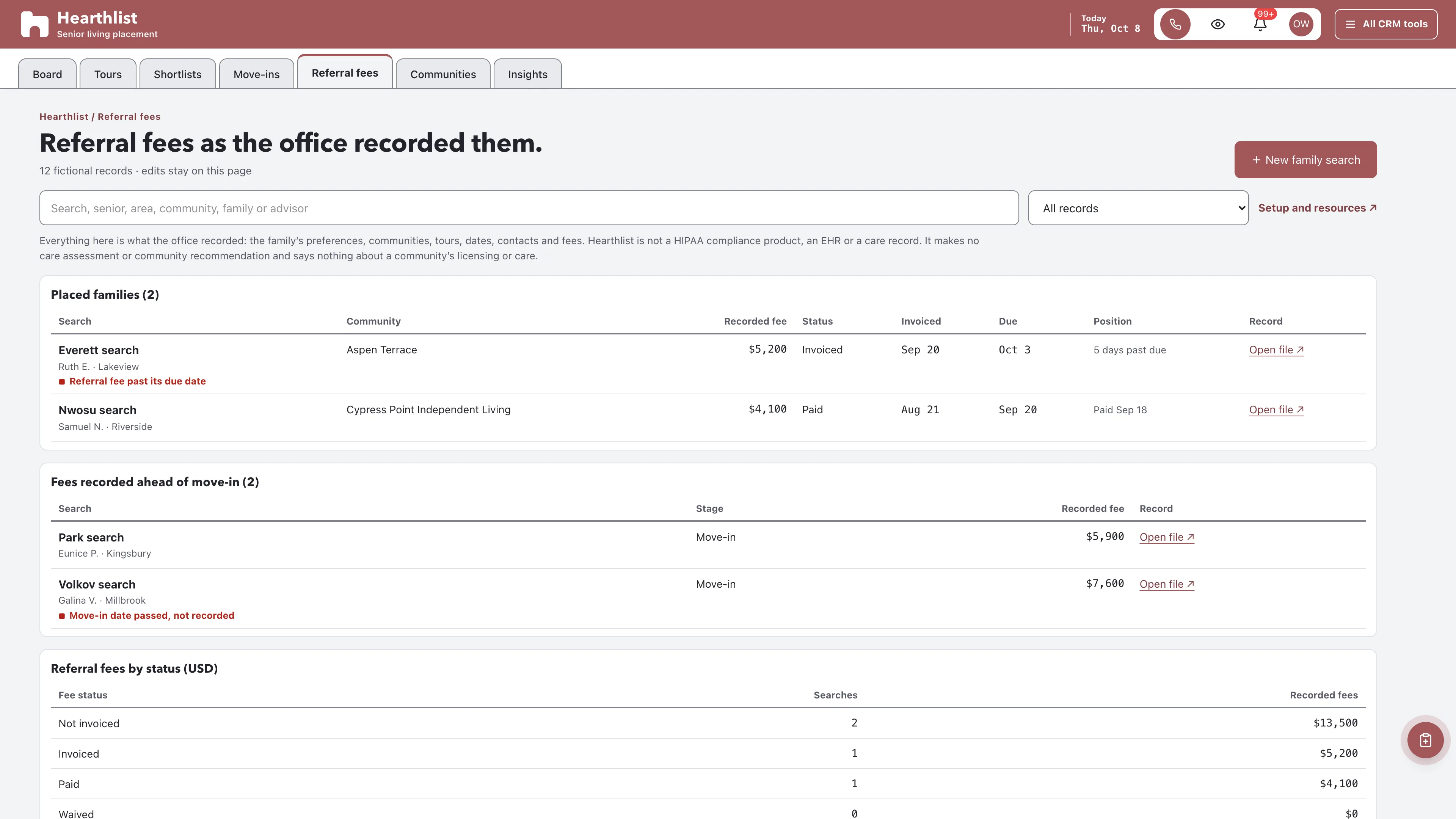Referral fees in the GoSeedly Senior Living Placement Kit with fictional sample records