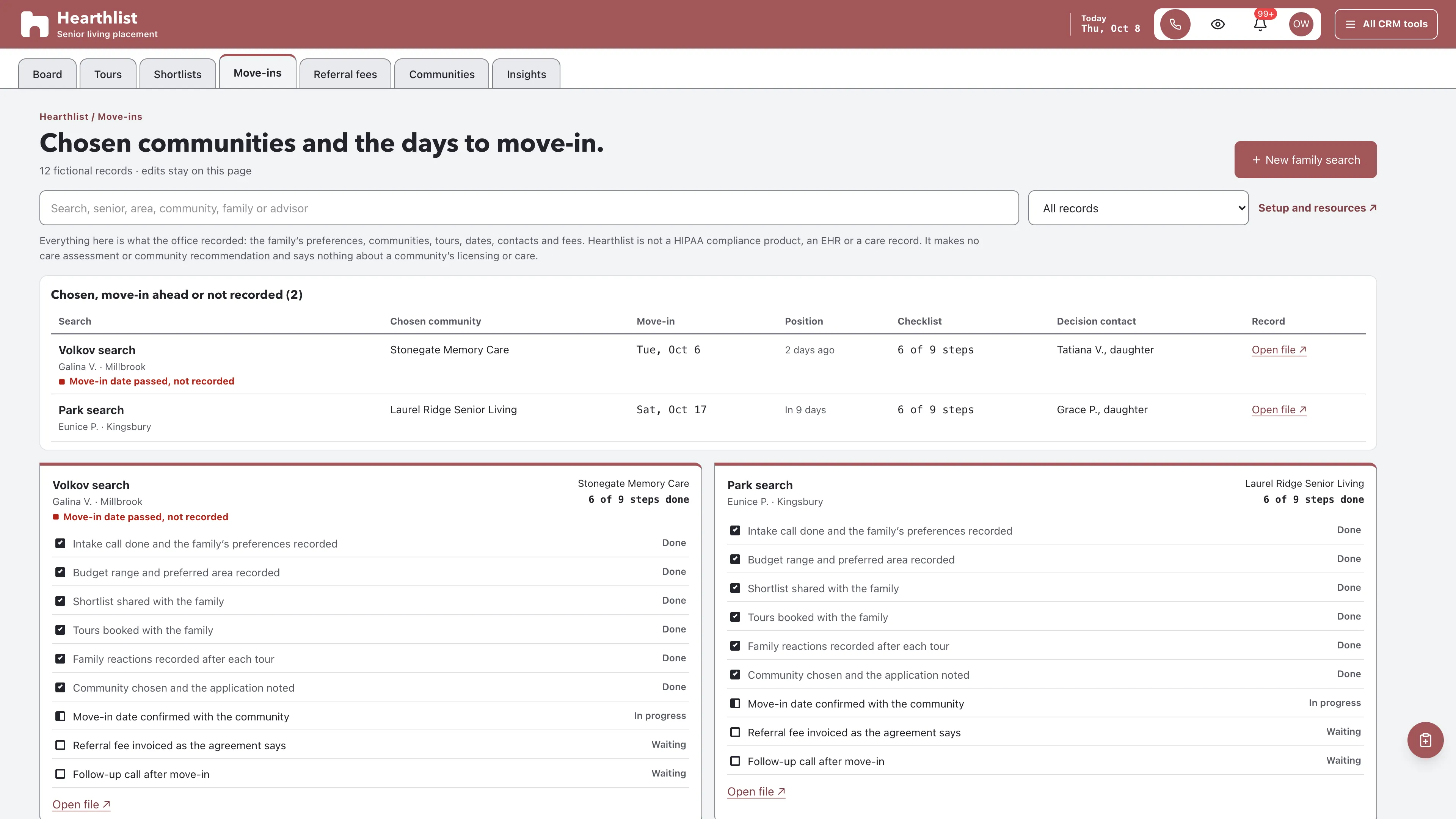 Move-ins in the GoSeedly Senior Living Placement Kit with fictional sample records